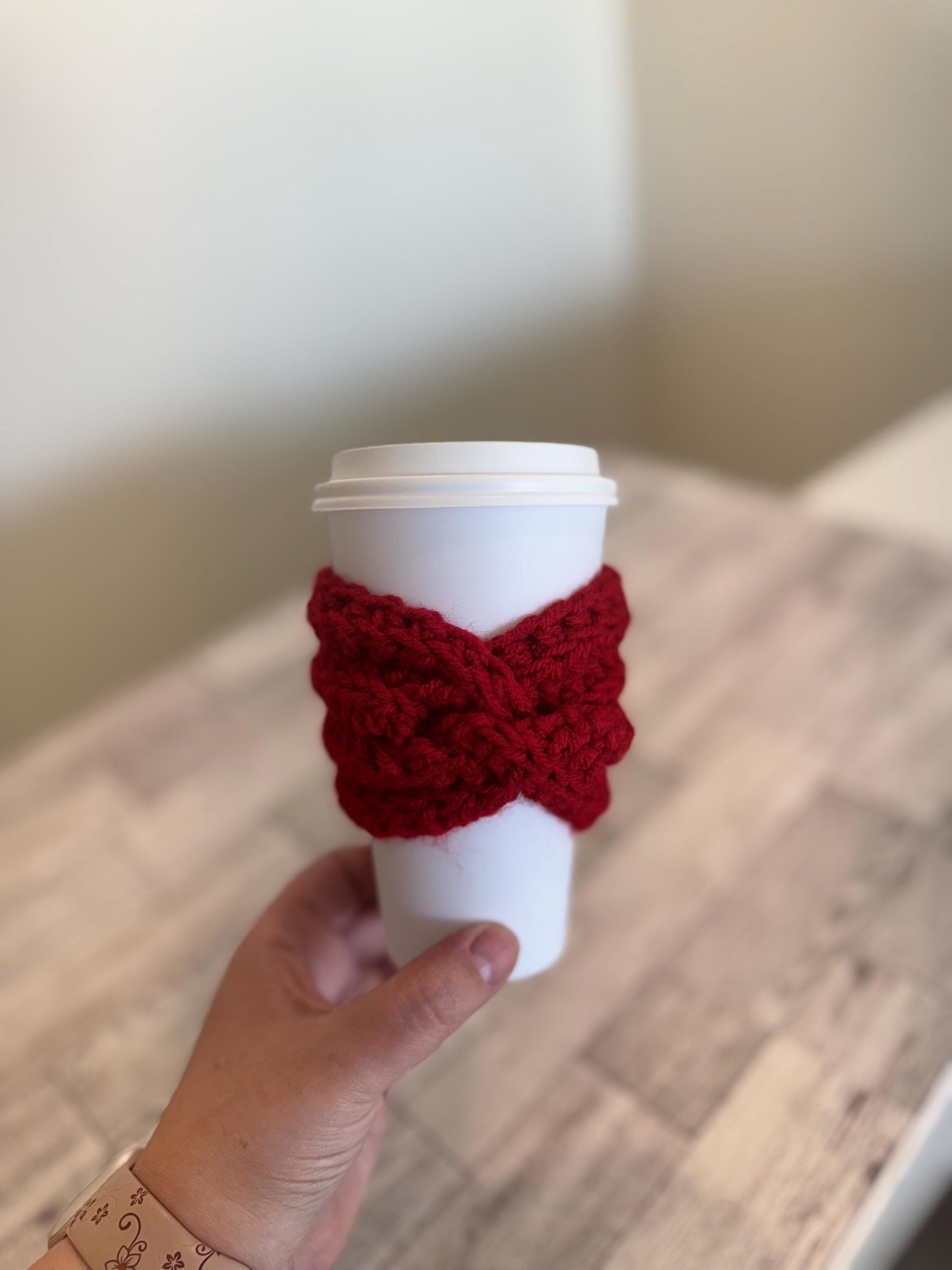 Handmade Crochet Coffee Cup Cozy – Reusable, Eco-Friendly Gift for Coffee Lovers in Crimson Red Color