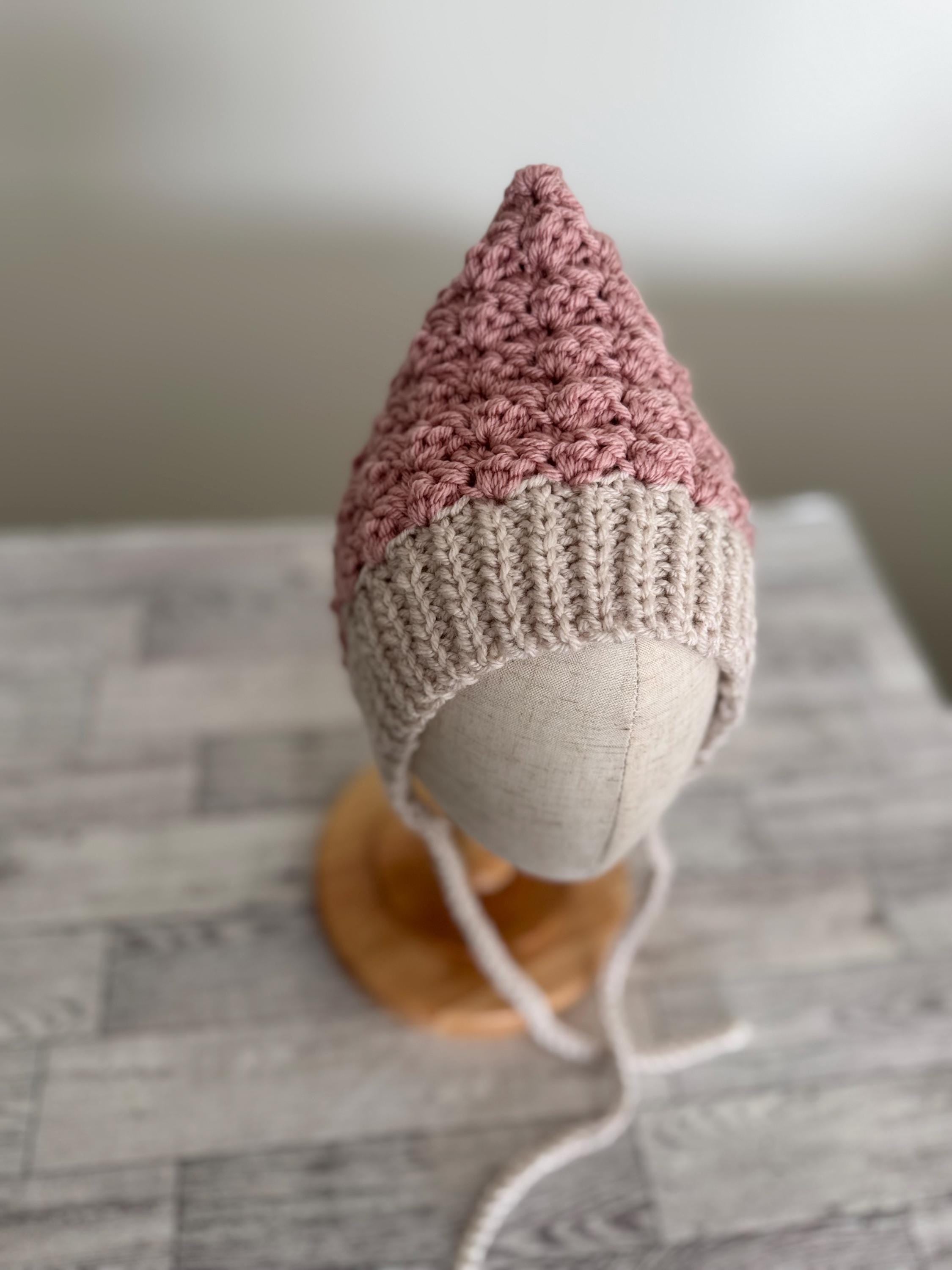 Crochet Baby Bonnet, Handmade Pixie Hat, Dusty Rose and Beige