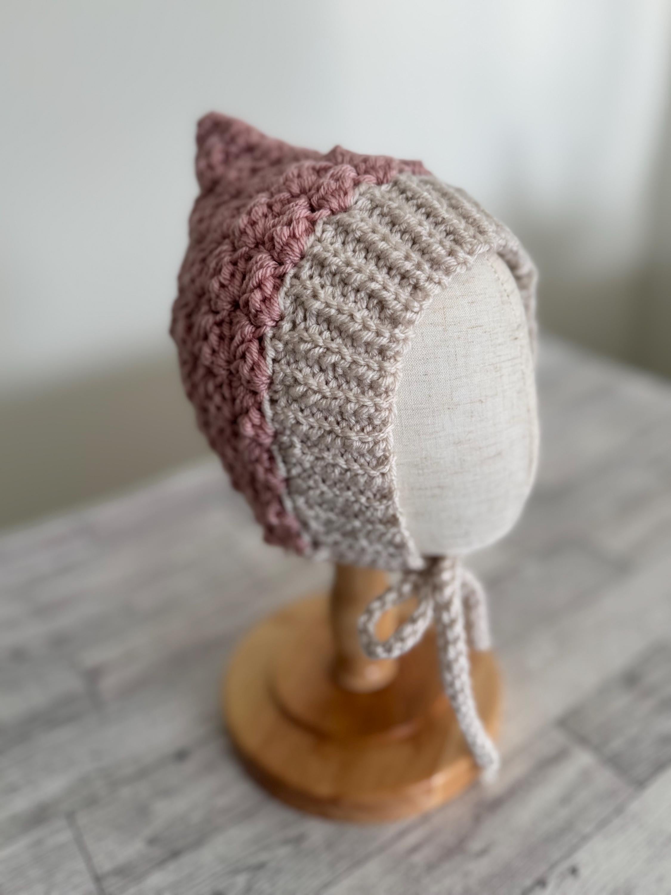 Crochet Baby Bonnet, Handmade Pixie Hat, Dusty Rose and Beige