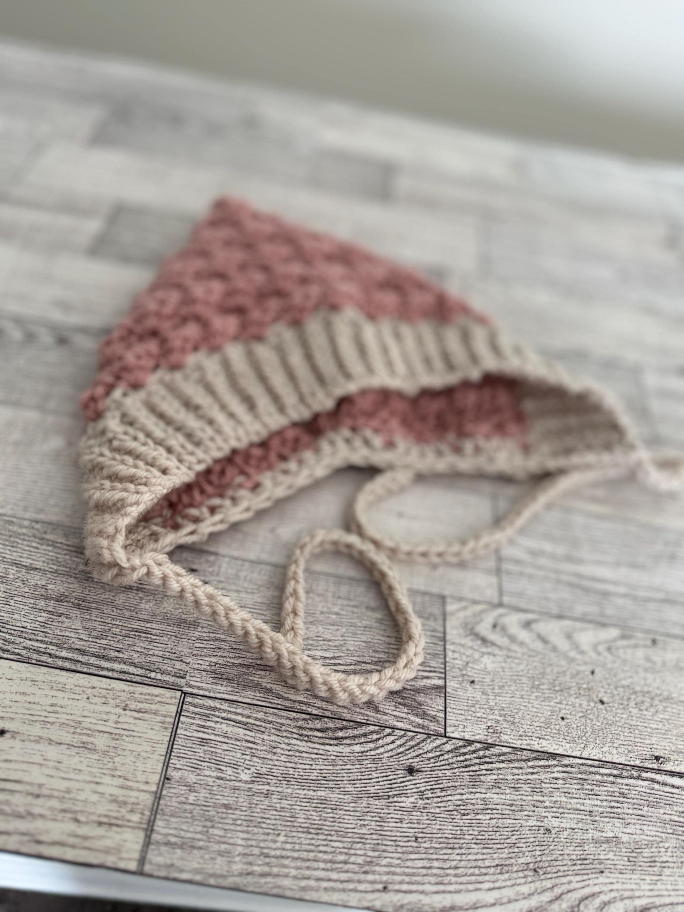 Crochet Baby Bonnet, Handmade Pixie Hat, Dusty Rose and Beige