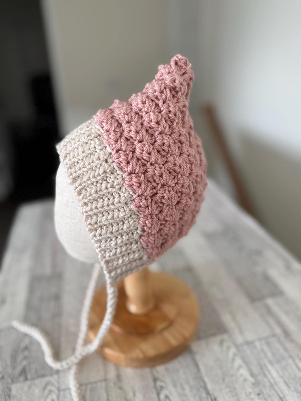 Crochet Baby Bonnet, Handmade Pixie Hat, Dusty Rose and Beige