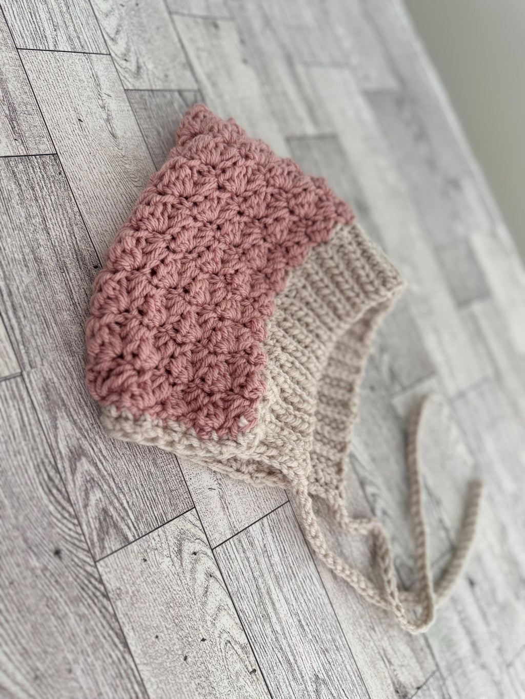 Crochet Baby Bonnet, Handmade Pixie Hat, Dusty Rose and Beige