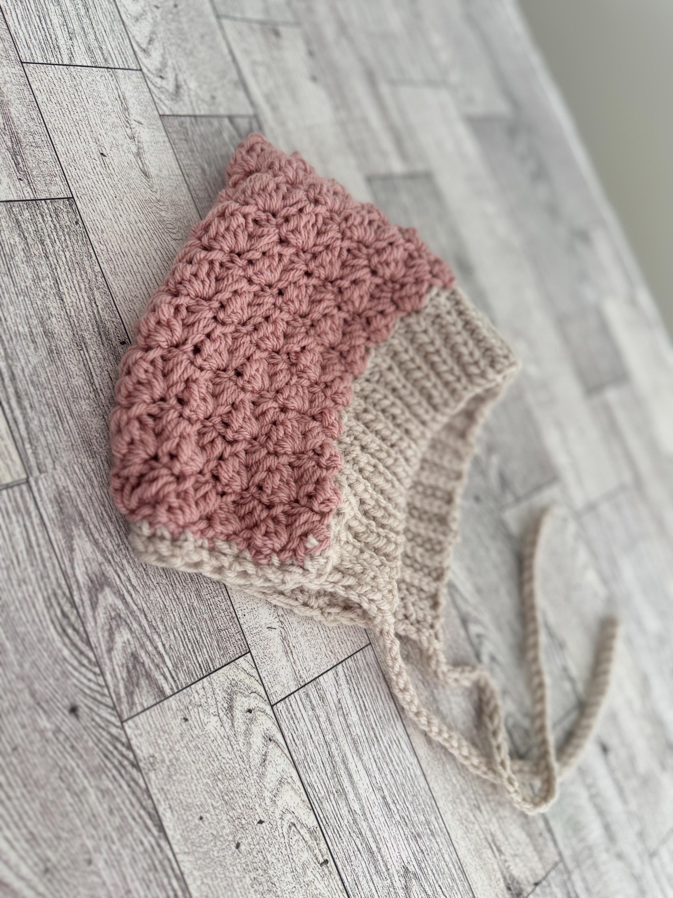 Crochet Baby Bonnet, Handmade Pixie Hat, Dusty Rose and Beige