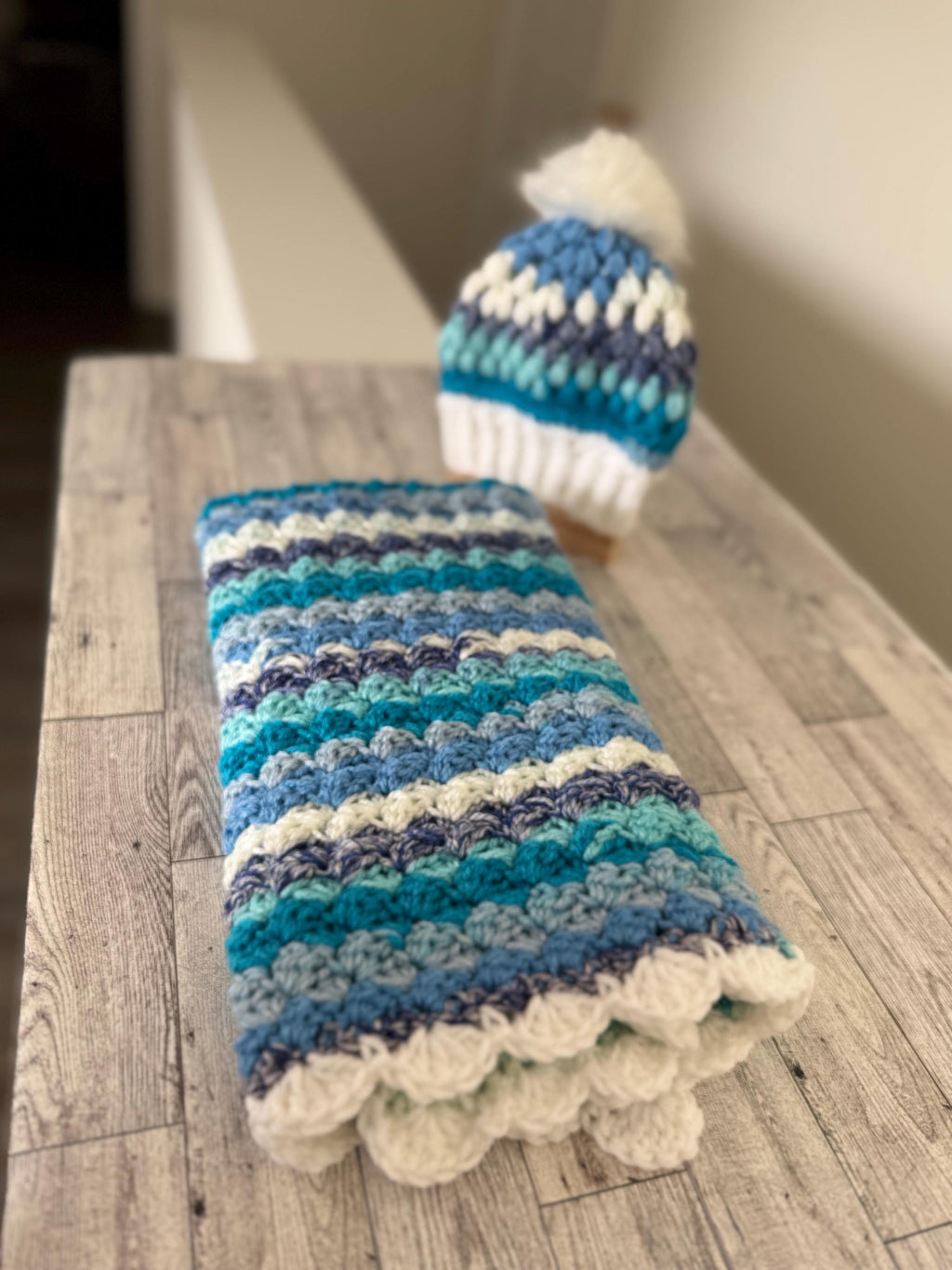 Gift Set for newborn Handmade Crochet Beanie Hat and Car Seat Size Blanket 29”x21”