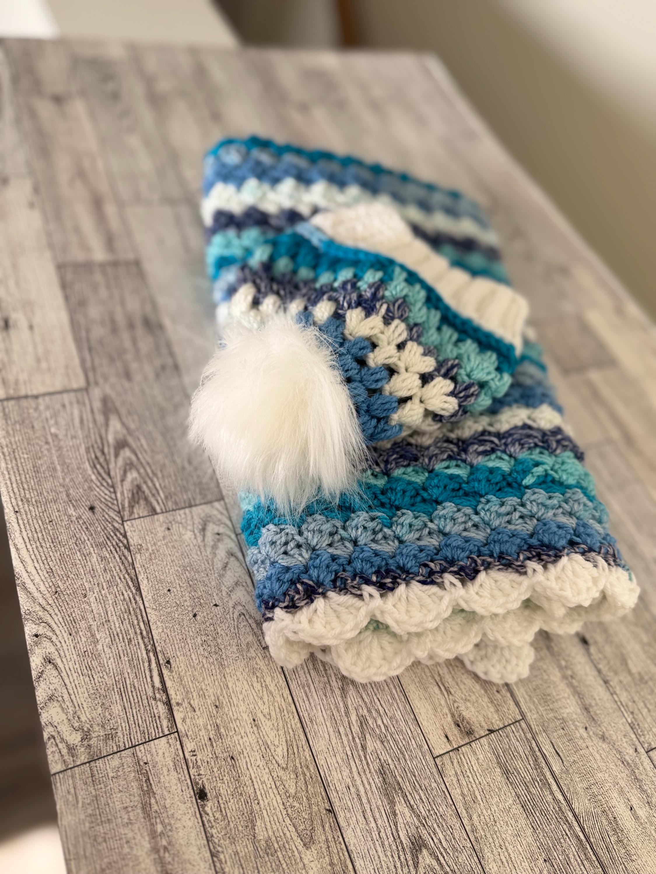 Gift Set for newborn Handmade Crochet Beanie Hat and Car Seat Size Blanket 29”x21”