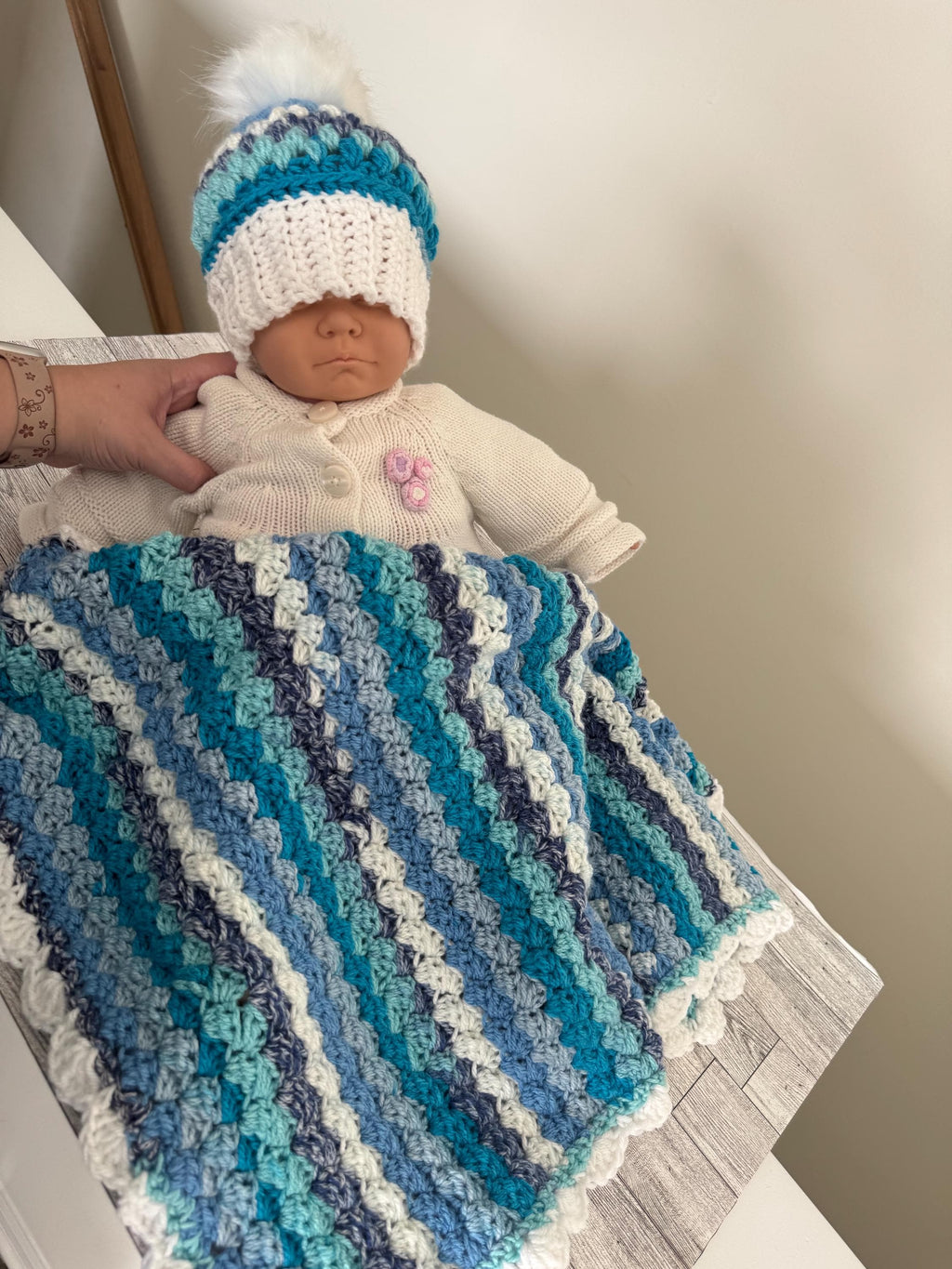 Gift Set for newborn Handmade Crochet Beanie Hat and Car Seat Size Blanket 29”x21”