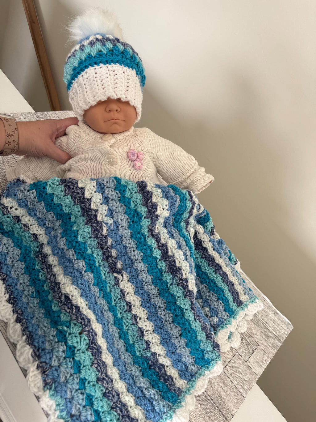Gift Set for newborn Handmade Crochet Beanie Hat and Car Seat Size Blanket 29”x21”