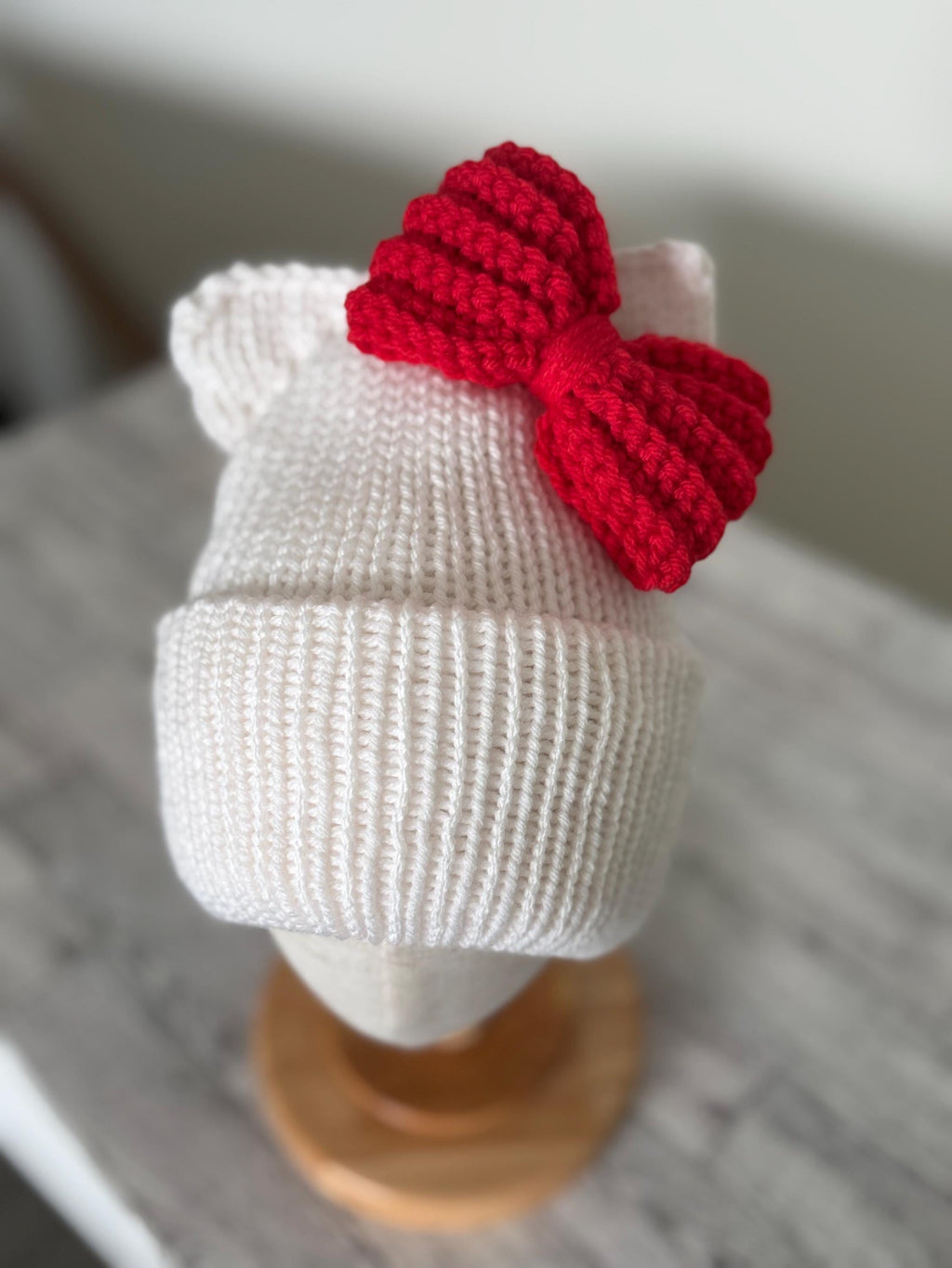 Cat Ears Beanie Hat White with Red Bow Adult Child and Baby sizes