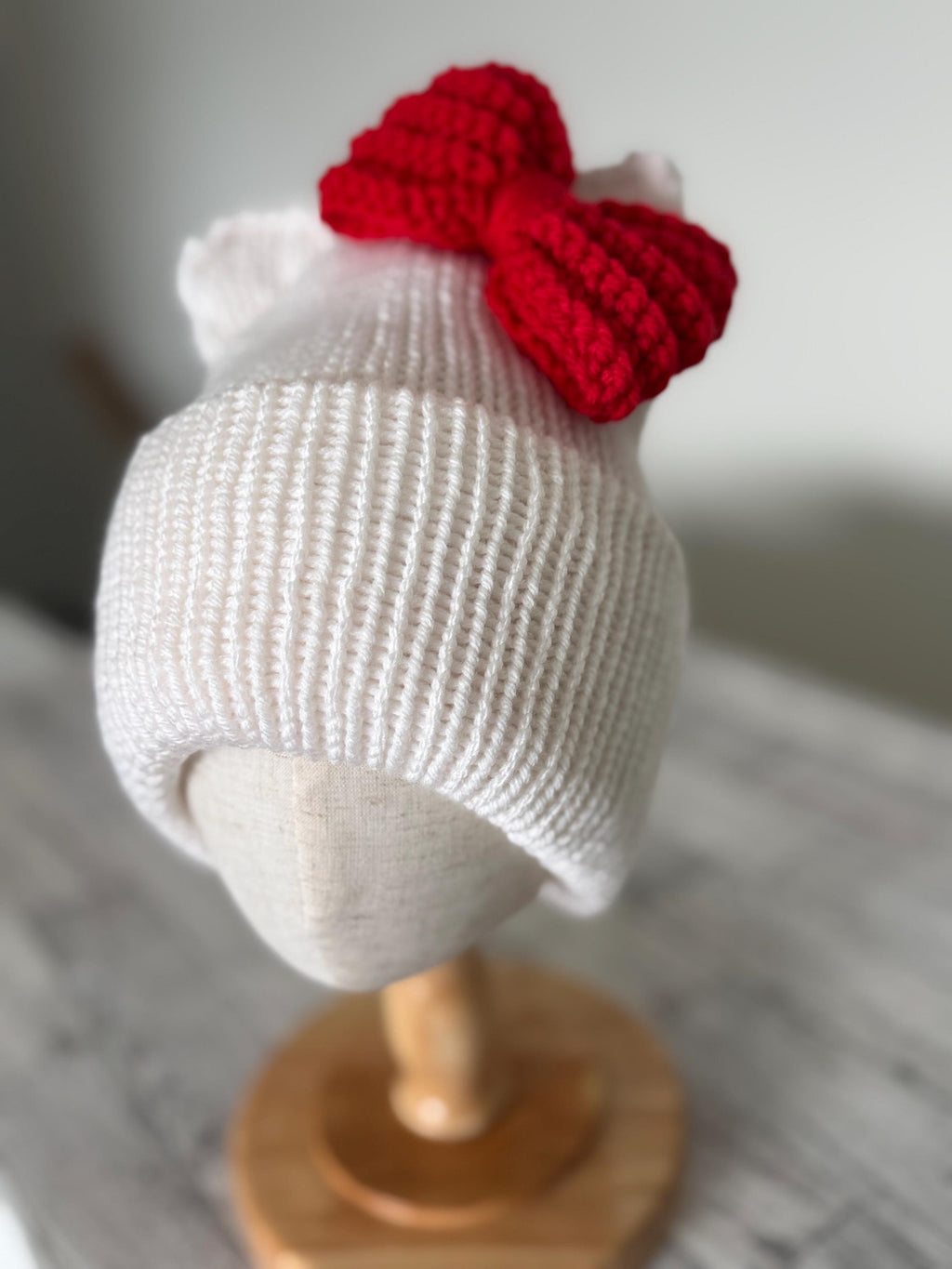 Cat Ears Beanie Hat White with Red Bow Adult Child and Baby sizes
