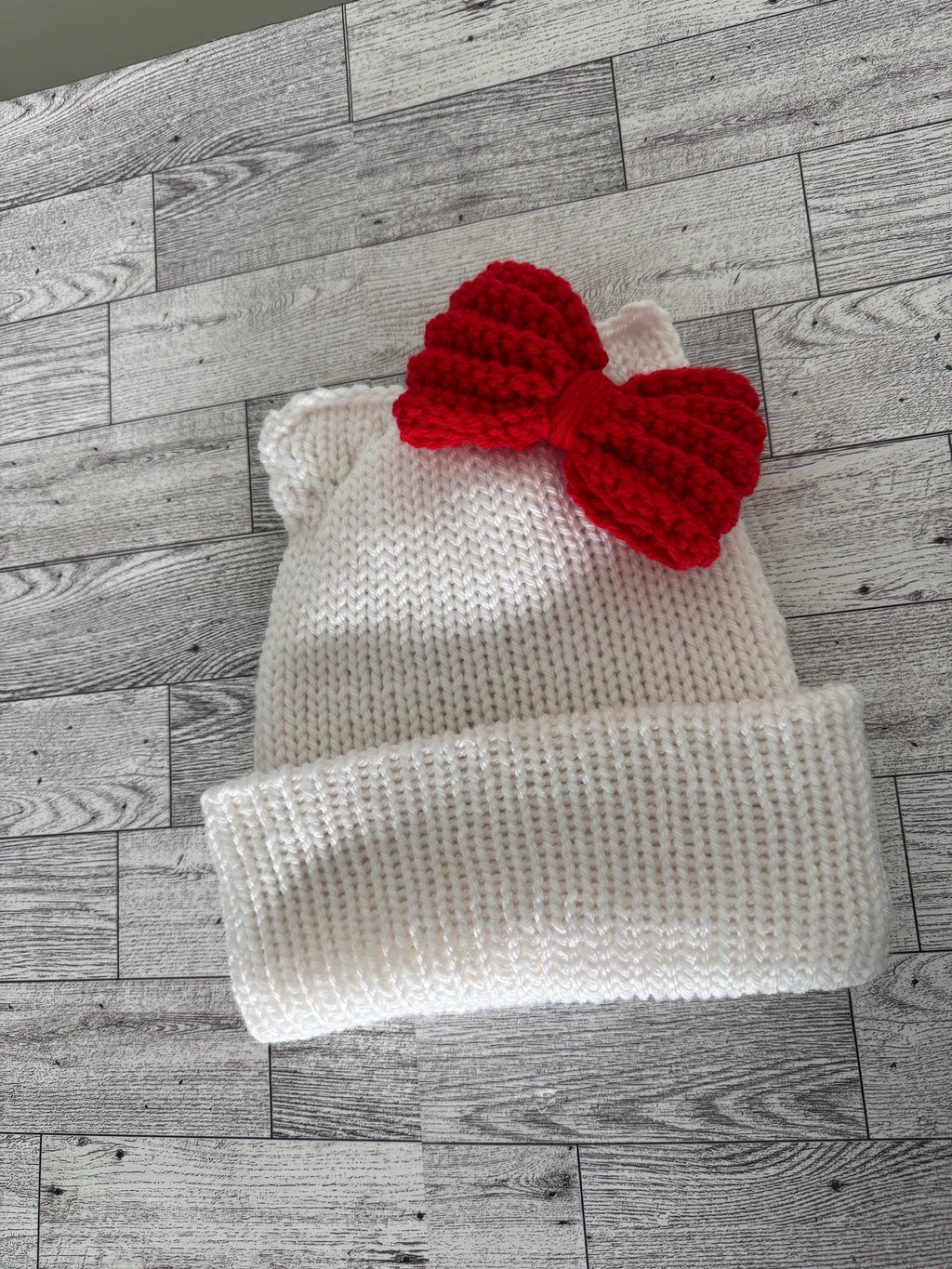 Cat Ears Beanie Hat White with Red Bow Adult Child and Baby sizes