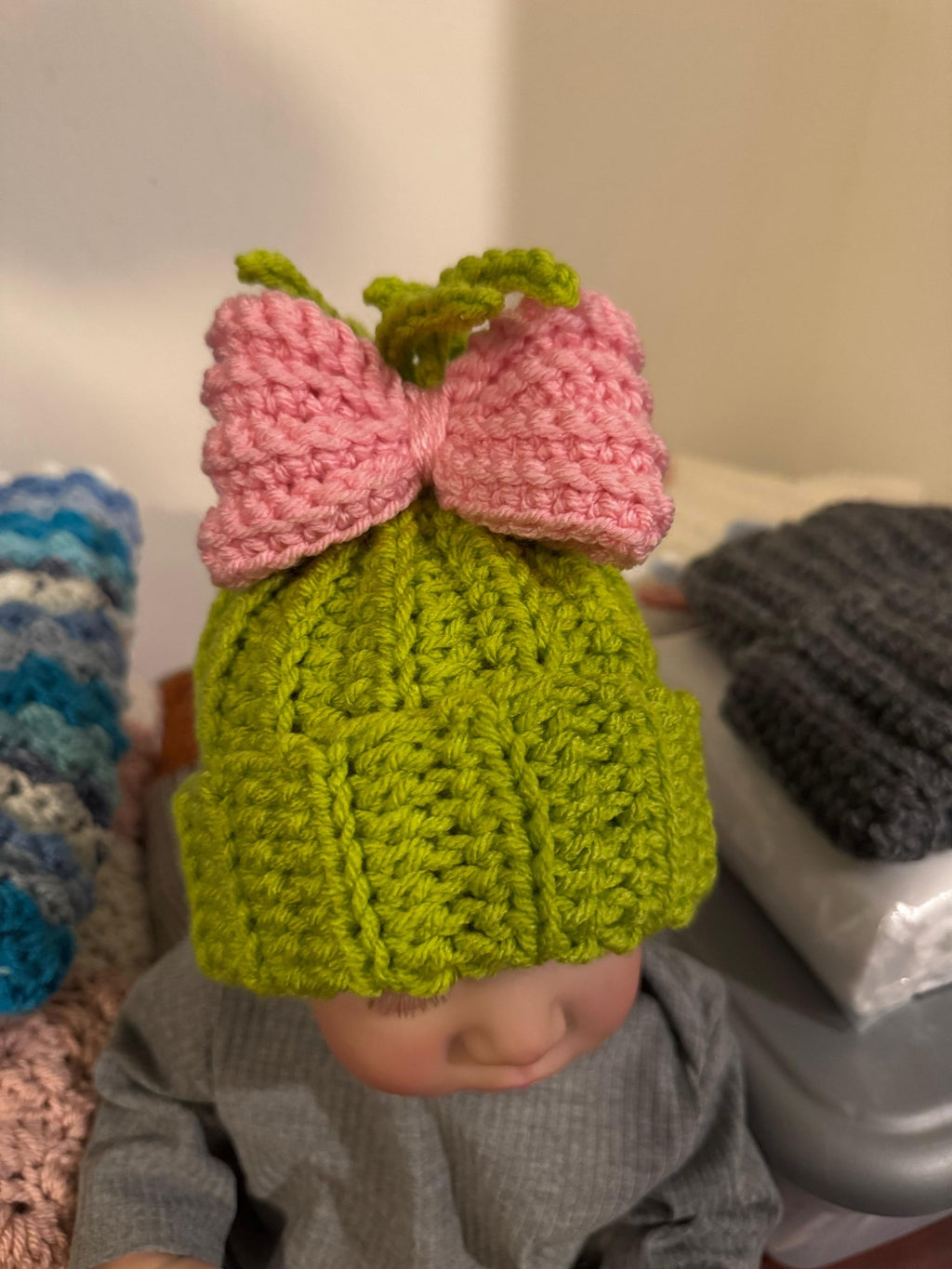 Christmas Themed Beanie Hat Slime Green With a Pink or Red Bow Cute Little Green Guy Hat