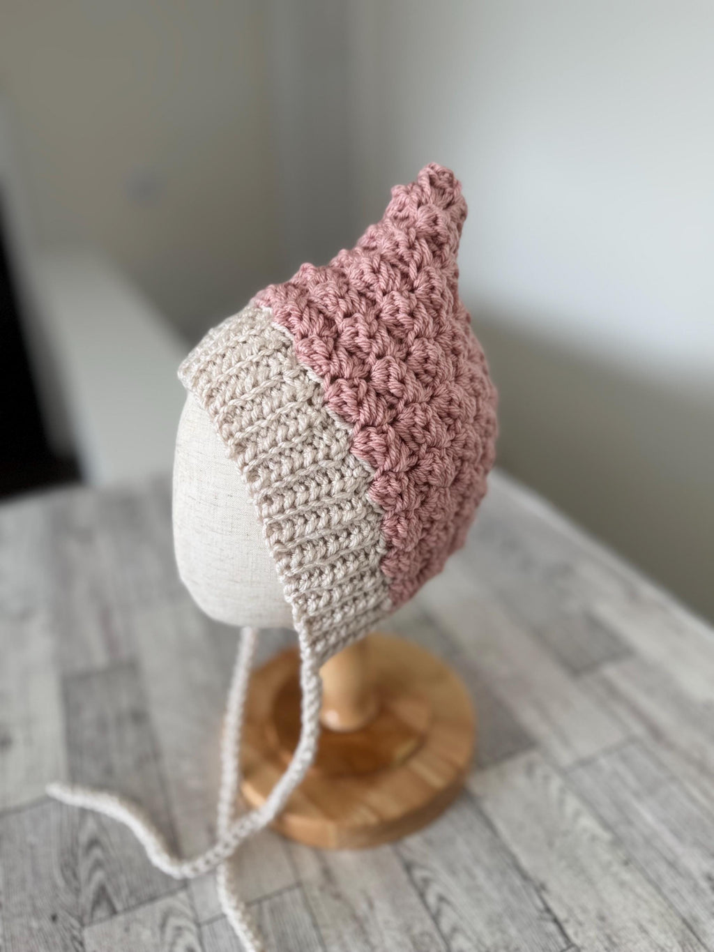 Crochet Baby Bonnet, Handmade Pixie Hat, Dusty Rose and Beige