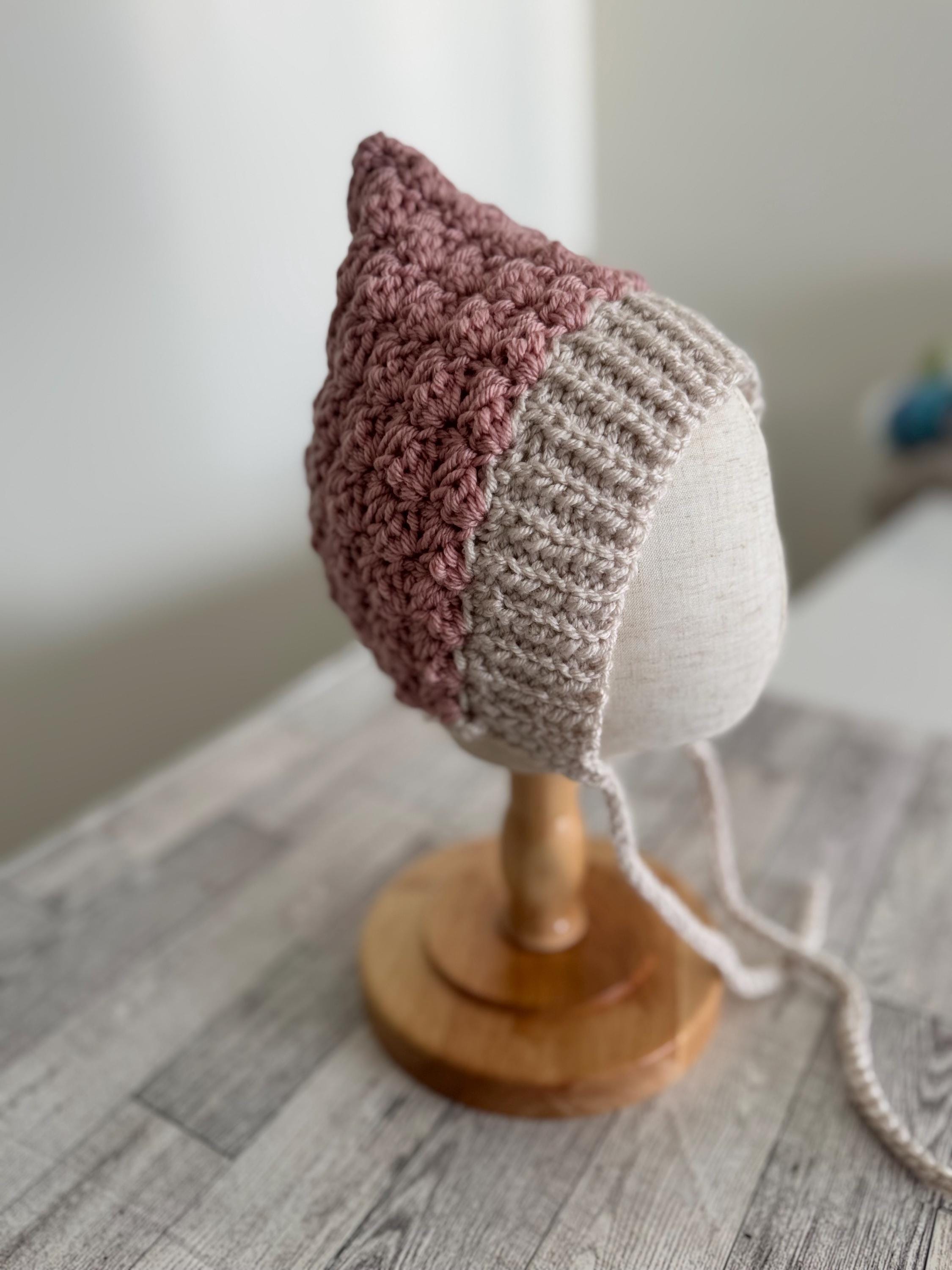 Crochet Baby Bonnet, Handmade Pixie Hat, Dusty Rose and Beige