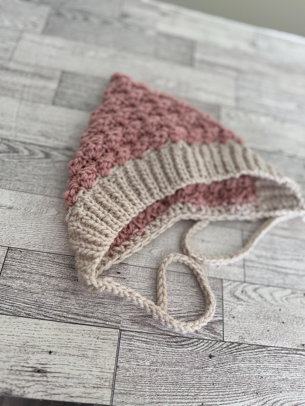 Crochet Baby Bonnet, Handmade Pixie Hat, Dusty Rose and Beige
