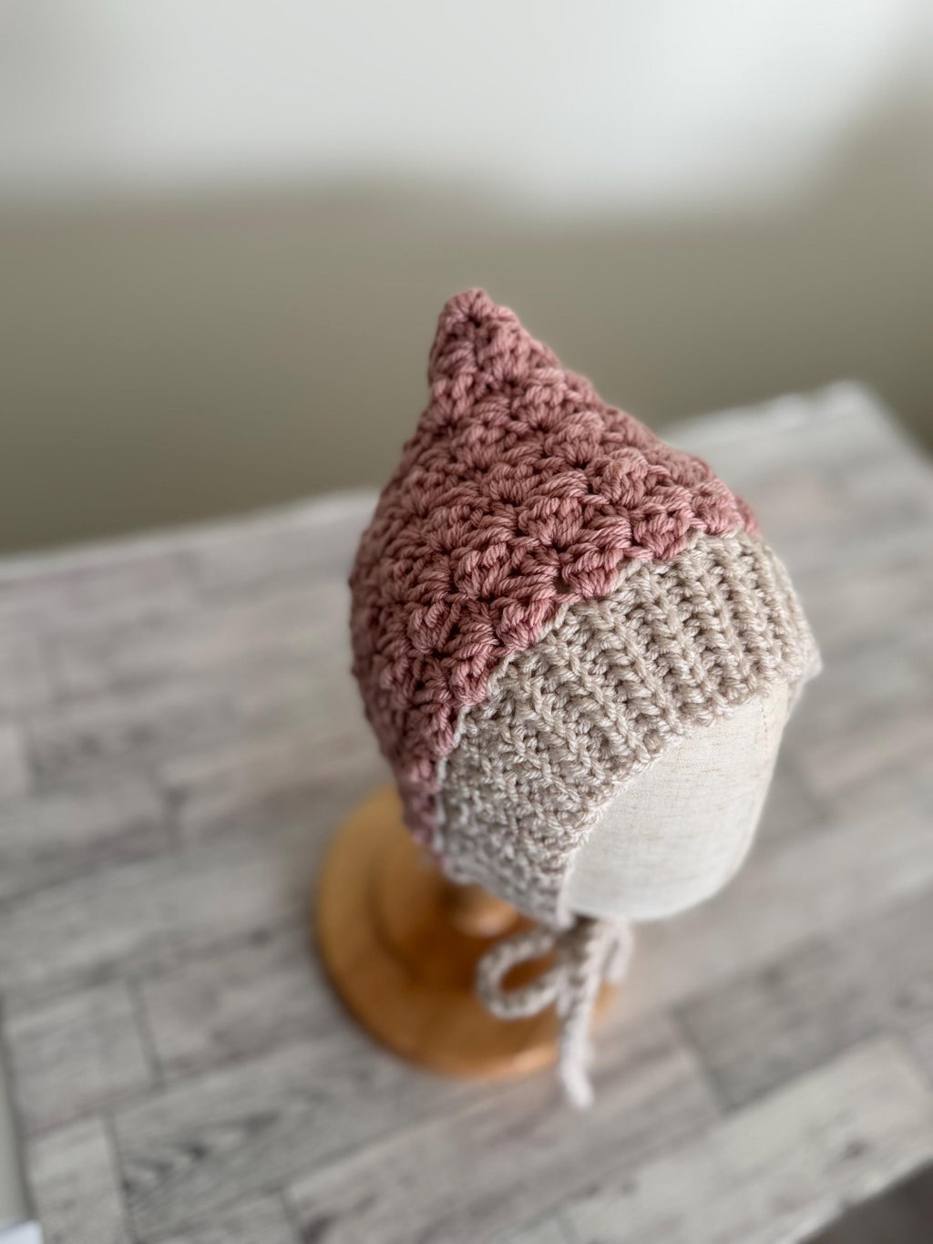 Crochet Baby Bonnet, Handmade Pixie Hat, Dusty Rose and Beige