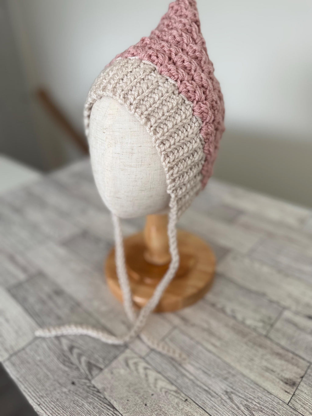 Crochet Baby Bonnet, Handmade Pixie Hat, Dusty Rose and Beige