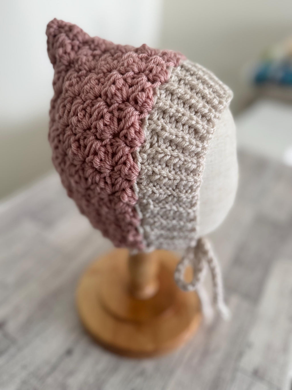 Crochet Baby Bonnet, Handmade Pixie Hat, Dusty Rose and Beige