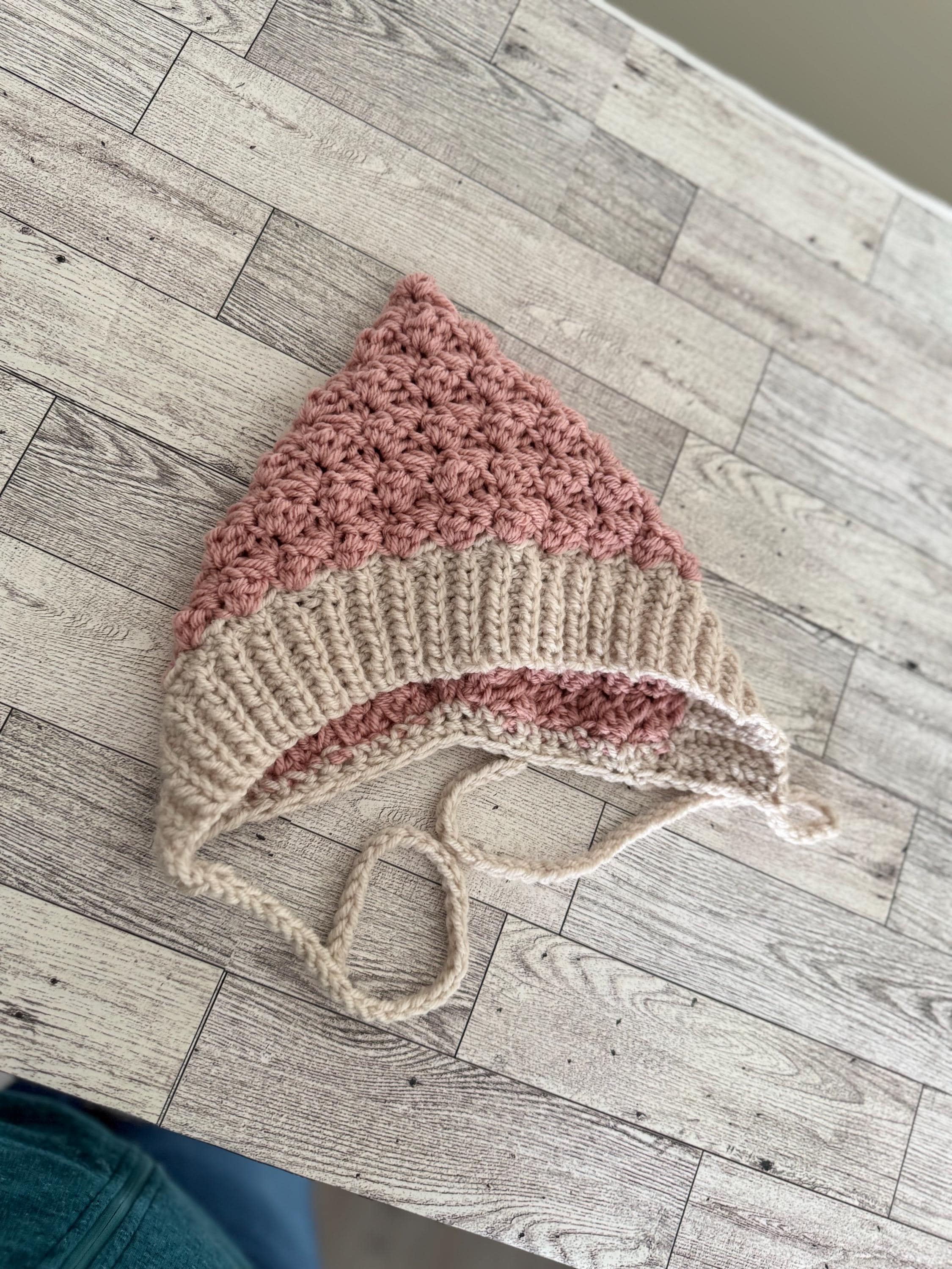 Crochet Baby Bonnet, Handmade Pixie Hat, Dusty Rose and Beige