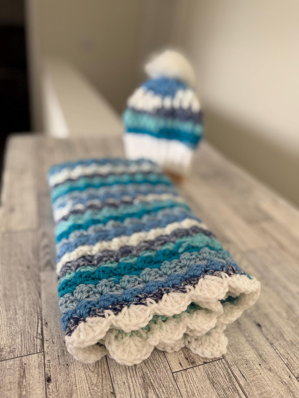 Gift Set for newborn Handmade Crochet Beanie Hat and Car Seat Size Blanket 29”x21”