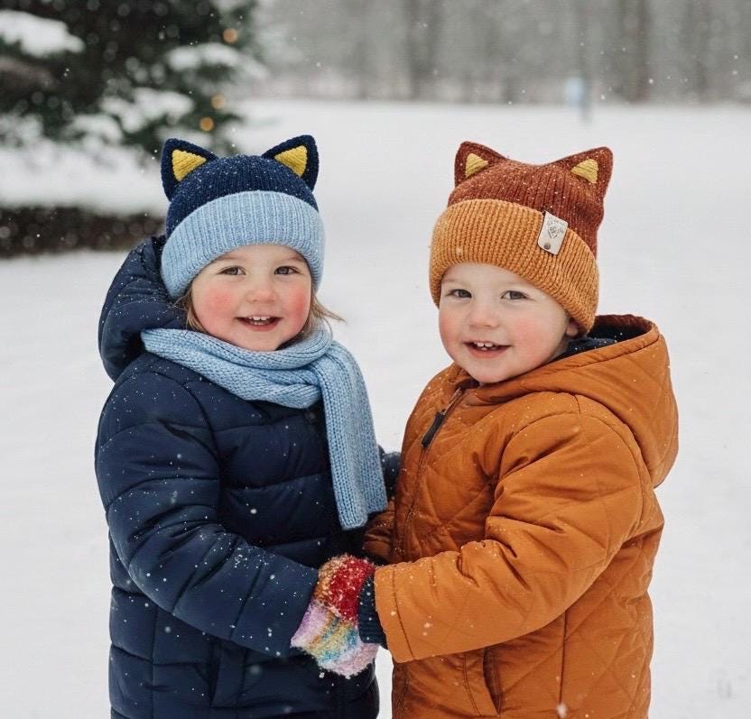 Blue and Red Healer Dog Hat with Ears Handmade Knit Beanie Double Layer Winter Baby Hat with Wide Brim for Babies & Toddlers