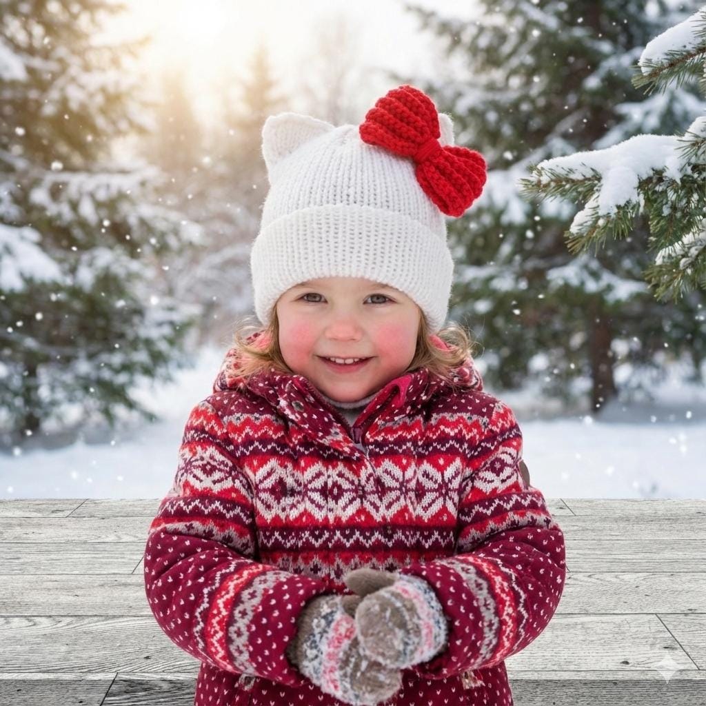 Cat Ears Beanie Hat White with Red Bow Adult Child and Baby sizes