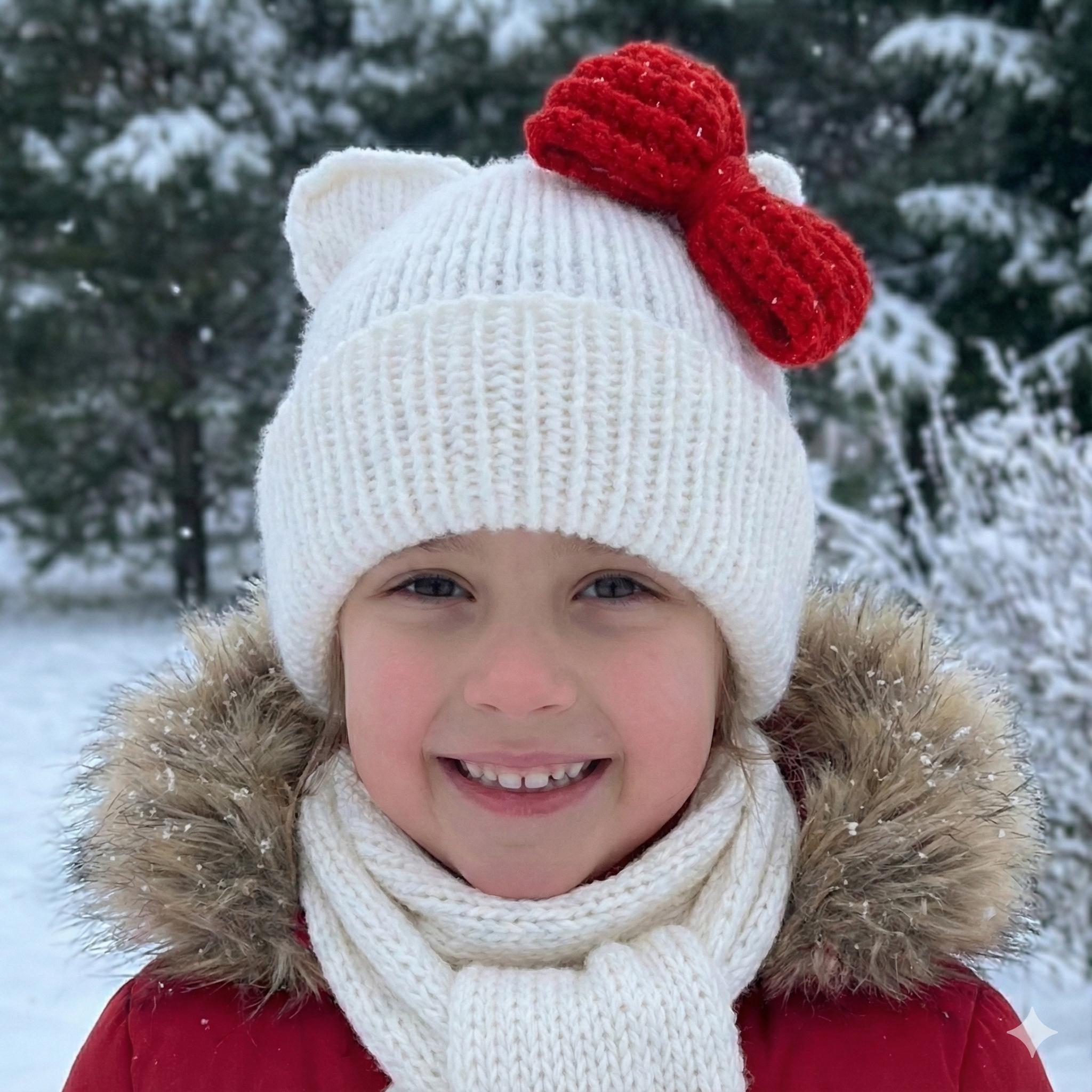 Kitty Cat Ears Beanie, White Knit Hat with Red Bow