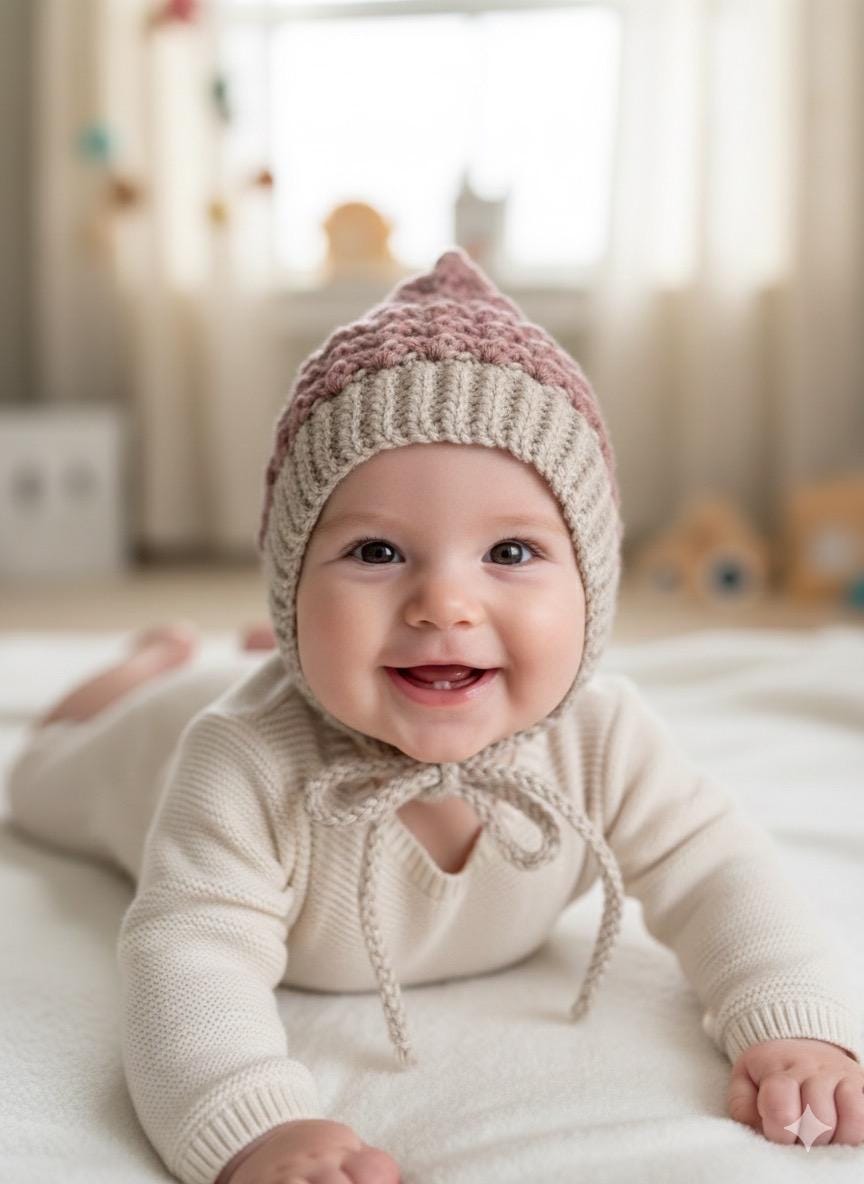 Handmade Crochet Baby Pixie Bonnet: Secure Tie, Warm Ear Coverage