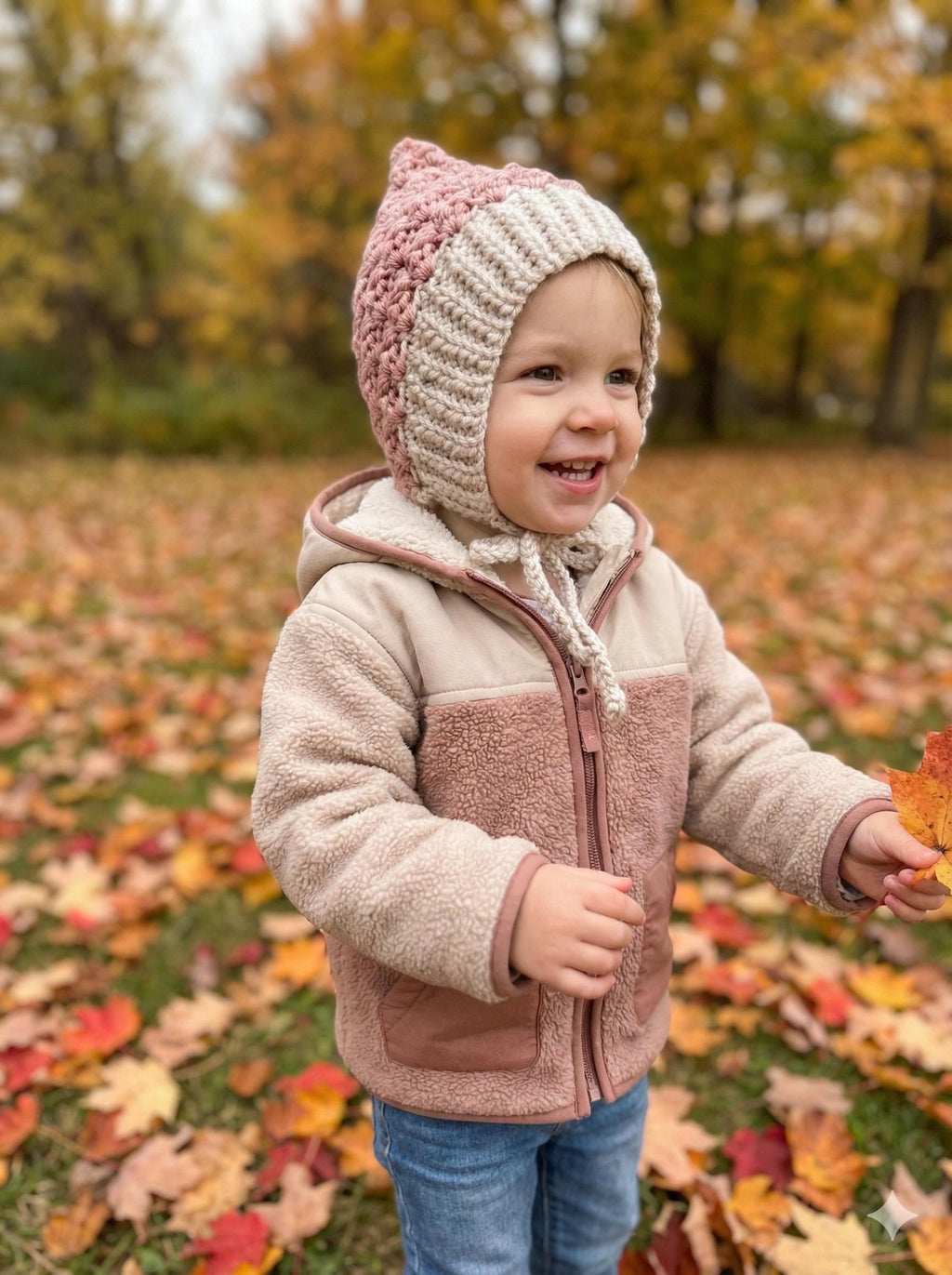Toddler Bonnet Hat with Ties Warm Ear Coverage Handmade Crochet Pixie Style Bonnet