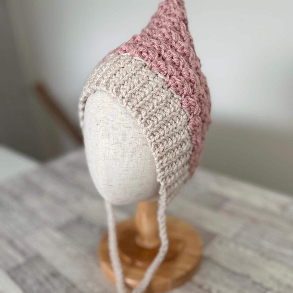 Toddler Bonnet Hat with Ties Warm Ear Coverage Handmade Crochet Pixie Style Bonnet