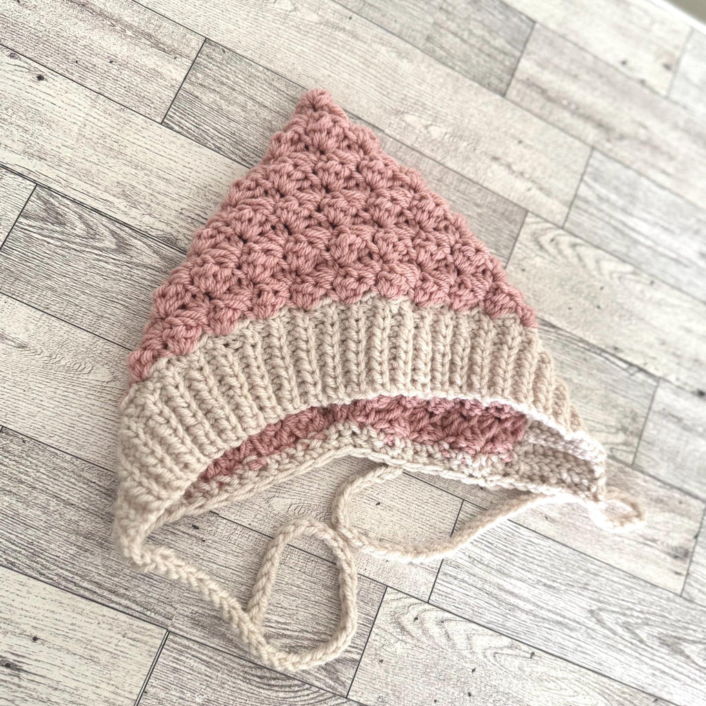 Toddler Bonnet Hat with Ties Warm Ear Coverage Handmade Crochet Pixie Style Bonnet