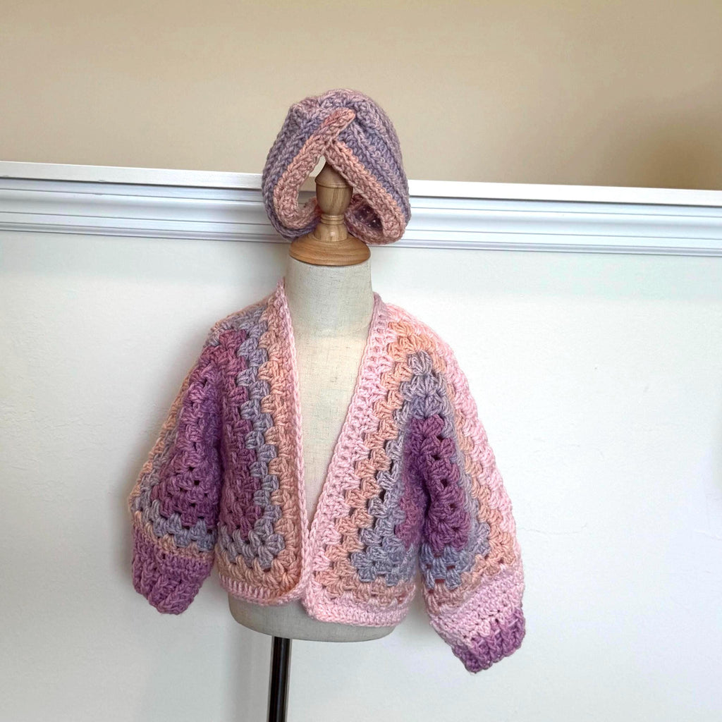 Soft Yarn Blend Toddler Crochet Cardigan Girl Outfit Set Pink White Purple Colors Handmade Gift Child Sweater Granny Stitch Hexagon Design Vintage Style Beautiful Quality Construction Comfortable Everyday Wear Special Occasion Ready To Ship