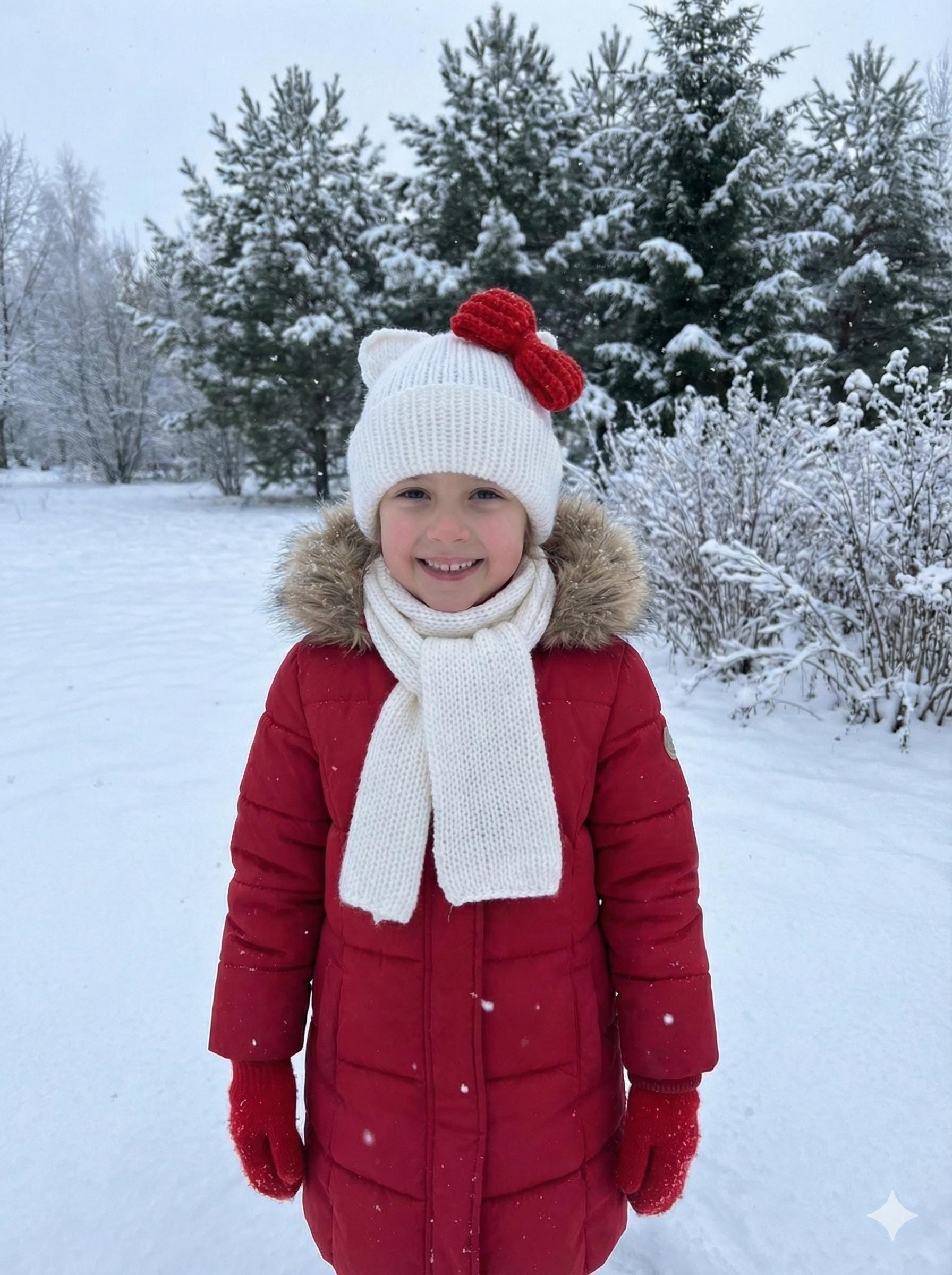 Cat Ears Beanie Hat White with Red Bow Adult Child and Baby sizes