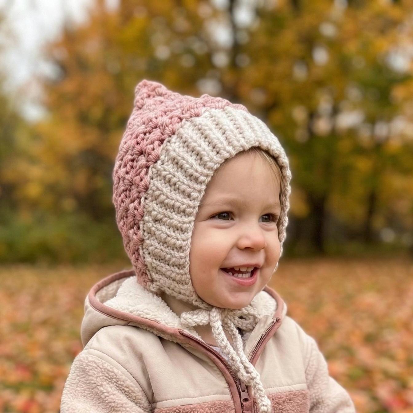 Toddler Bonnet Hat with Ties Warm Ear Coverage Handmade Crochet Pixie Style Bonnet
