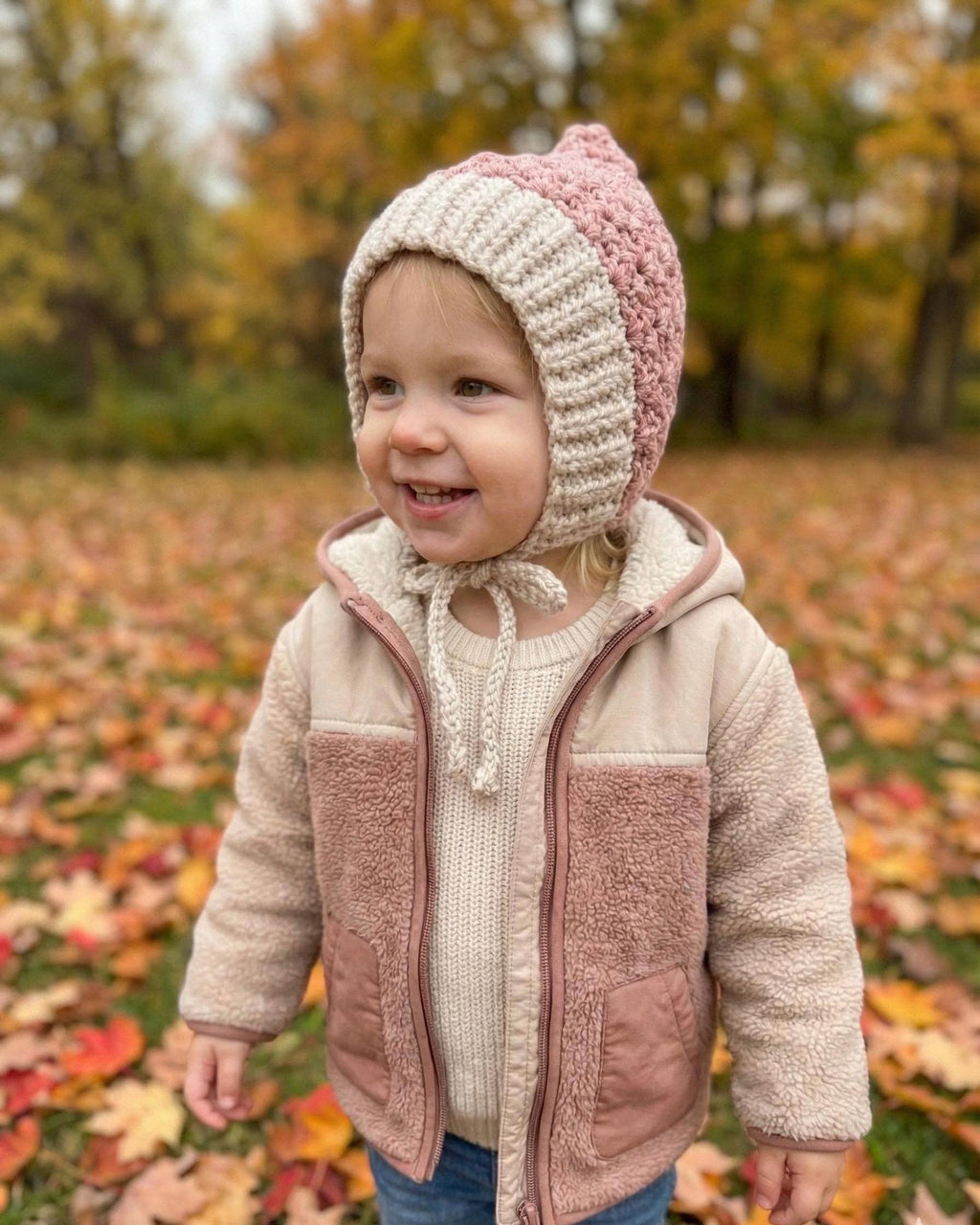 Toddler Bonnet Hat with Ties Warm Ear Coverage Handmade Crochet Pixie Style Bonnet
