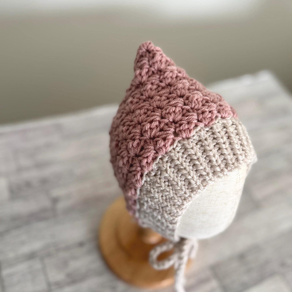 Toddler Bonnet Hat with Ties Warm Ear Coverage Handmade Crochet Pixie Style Bonnet