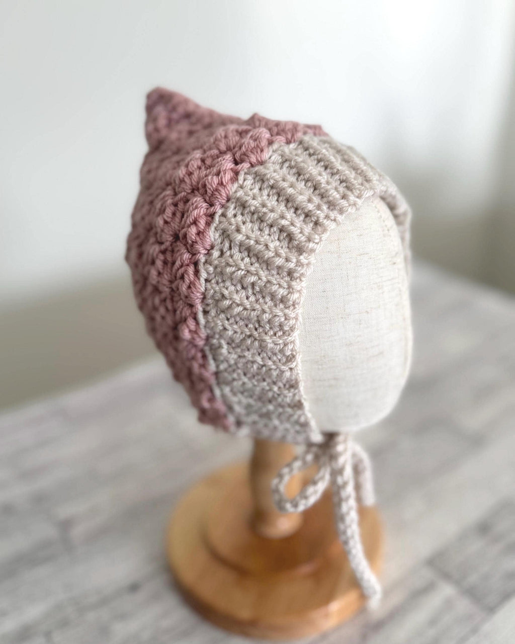 Toddler Bonnet Hat with Ties Warm Ear Coverage Handmade Crochet Pixie Style Bonnet