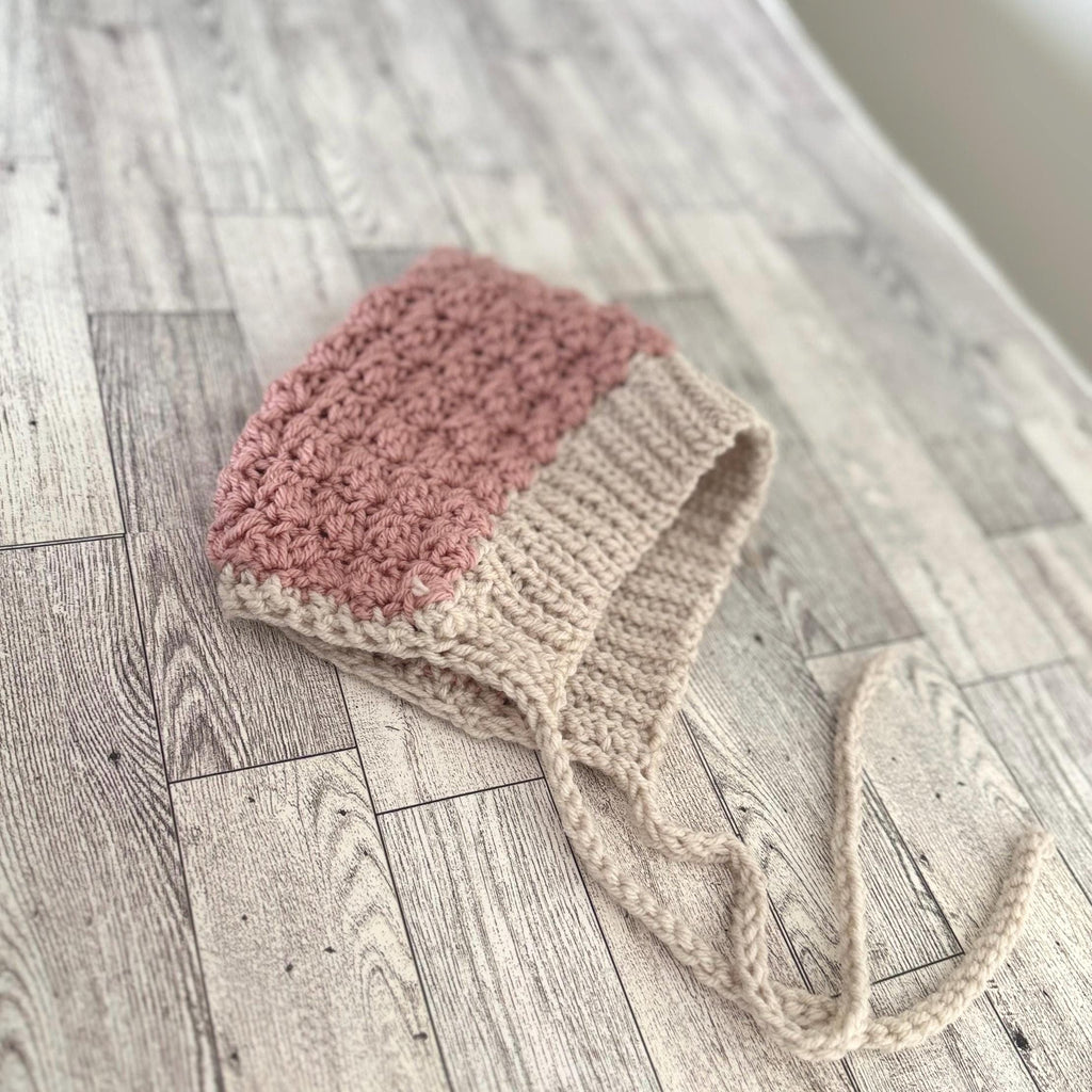 Toddler Bonnet Hat with Ties Warm Ear Coverage Handmade Crochet Pixie Style Bonnet