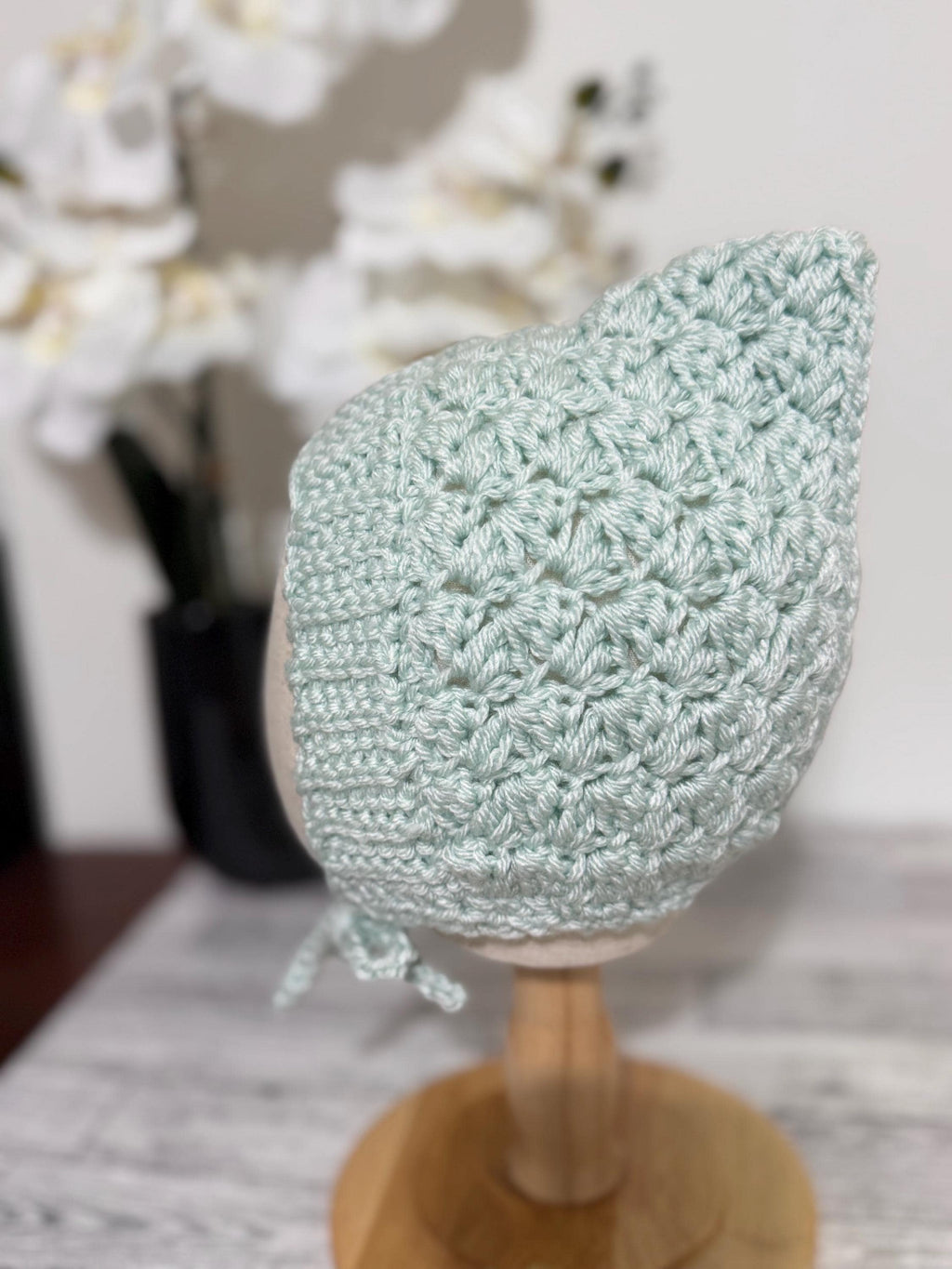Toddler Pixie Bonnet Hat: Secure Tie, Warm Ear Coverage Handmade Crochet Baby Bonnet - light mint color