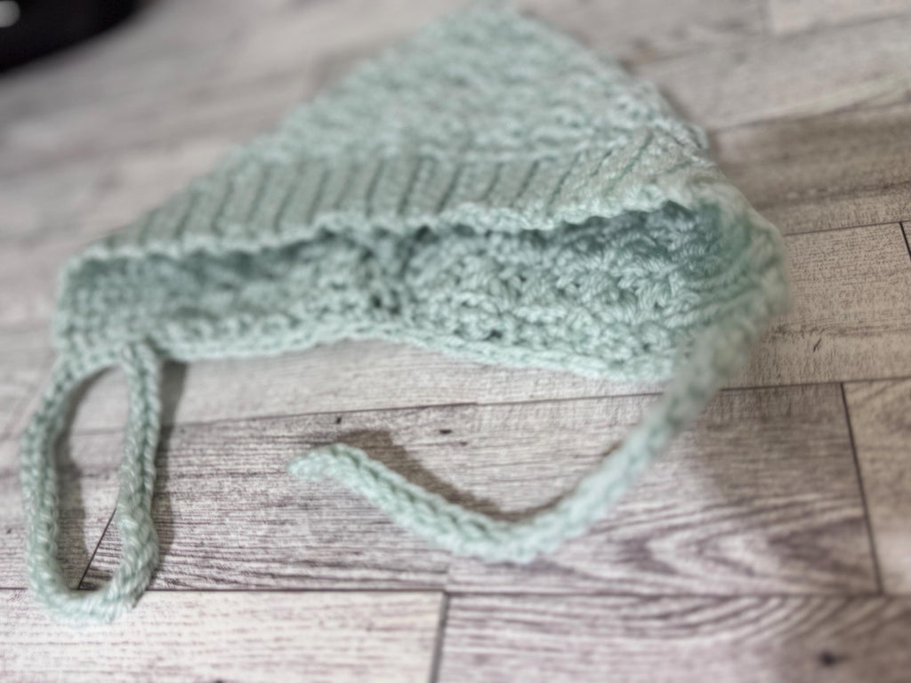Toddler Pixie Bonnet Hat: Secure Tie, Warm Ear Coverage Handmade Crochet Baby Bonnet - light mint color
