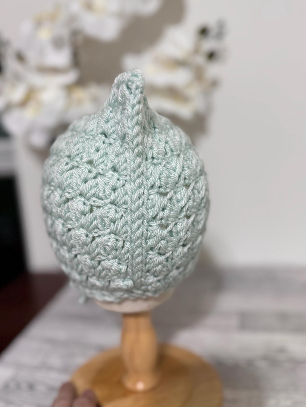 Toddler Pixie Bonnet Hat: Secure Tie, Warm Ear Coverage Handmade Crochet Baby Bonnet - light mint color