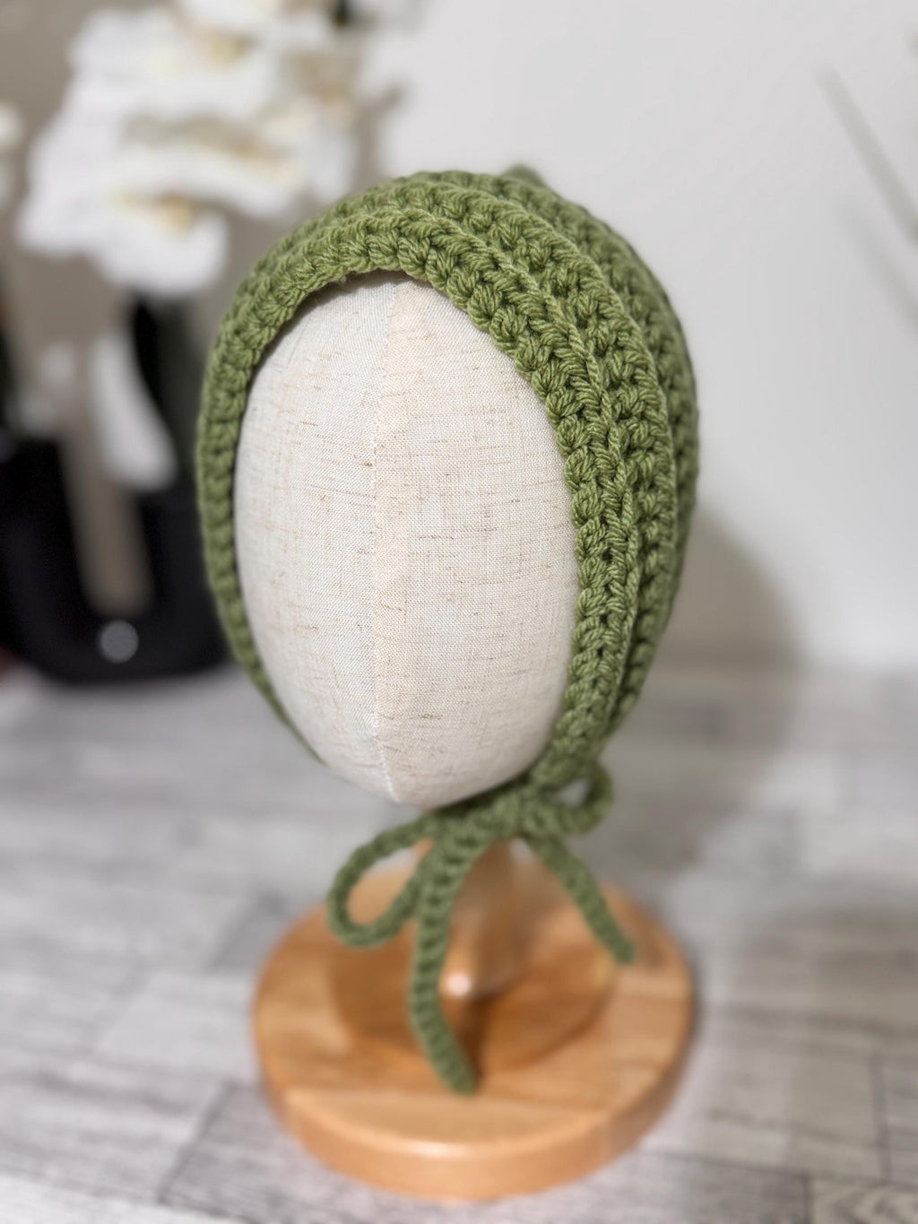Baby Pixie Bonnet Hat: Secure Tie, Warm Ear Coverage Handmade Crochet Toddler Bonnet - sage green color