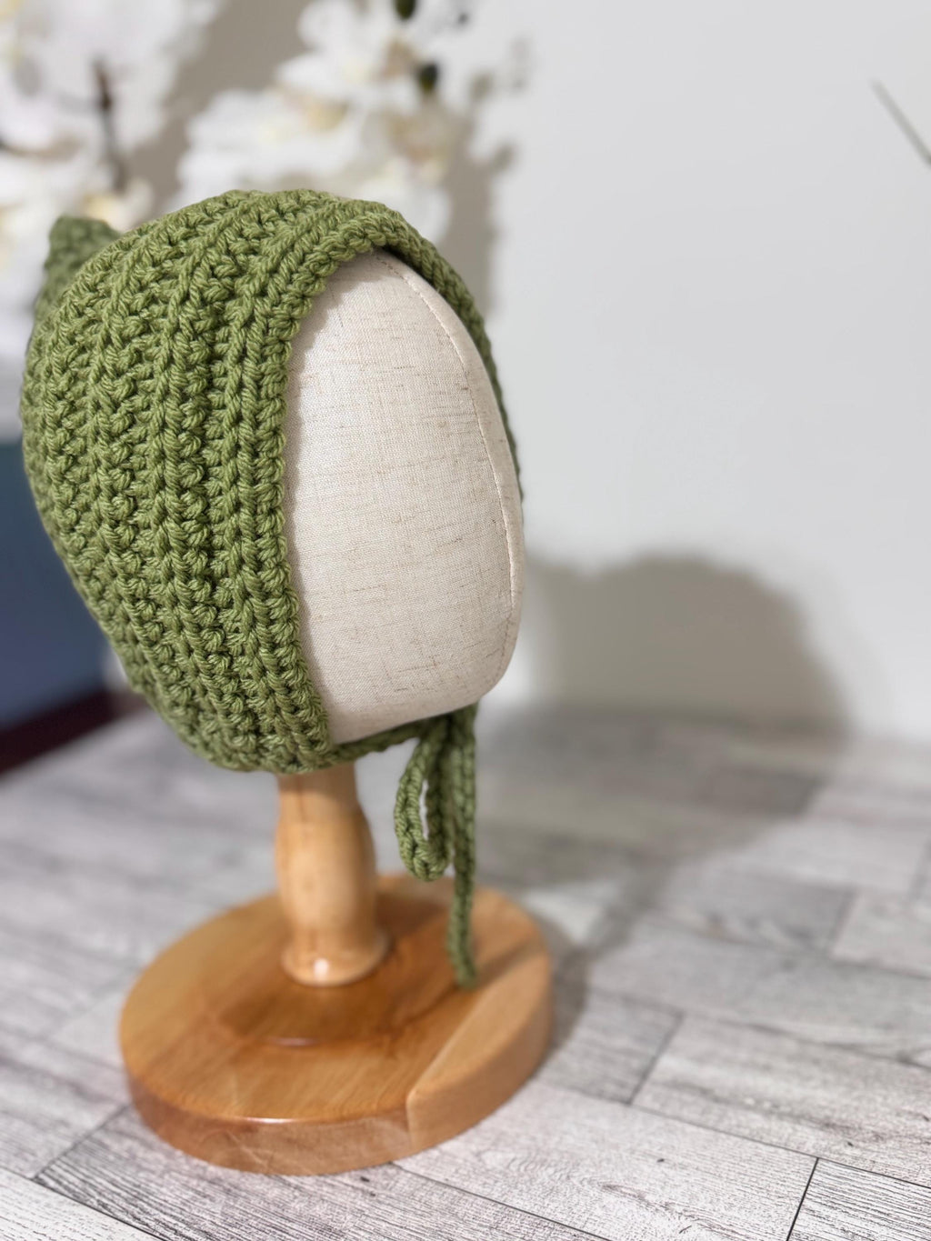 Baby Pixie Bonnet Hat: Secure Tie, Warm Ear Coverage Handmade Crochet Toddler Bonnet - sage green color