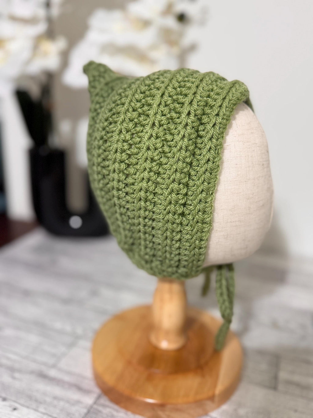 Baby Pixie Bonnet Hat: Secure Tie, Warm Ear Coverage Handmade Crochet Toddler Bonnet - sage green color
