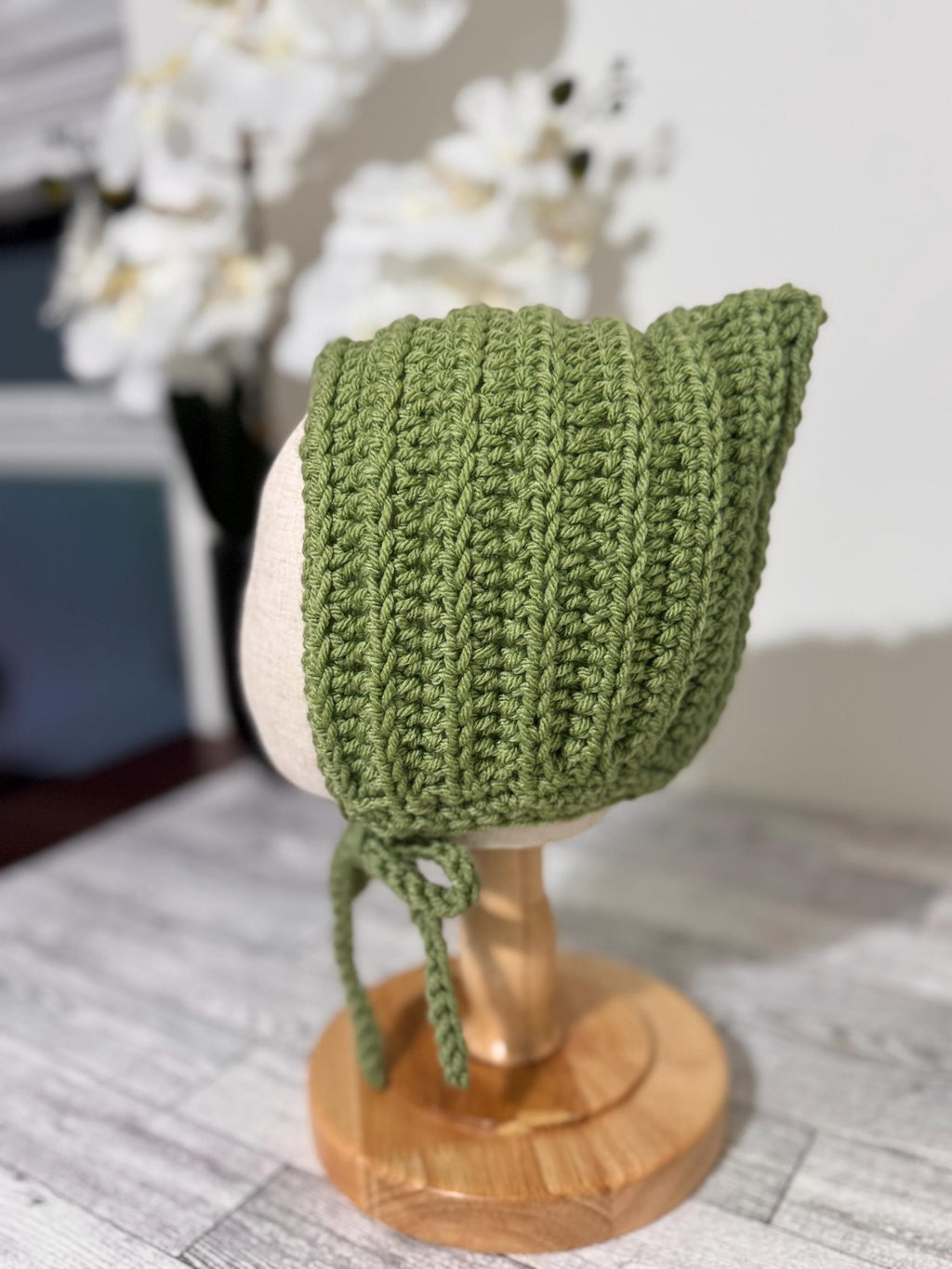 Baby Pixie Bonnet Hat: Secure Tie, Warm Ear Coverage Handmade Crochet Toddler Bonnet - sage green color