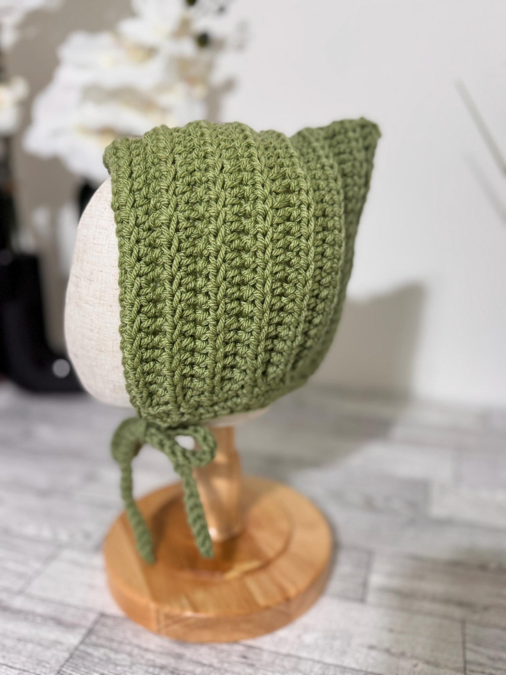 Baby Pixie Bonnet Hat: Secure Tie, Warm Ear Coverage Handmade Crochet Toddler Bonnet - sage green color
