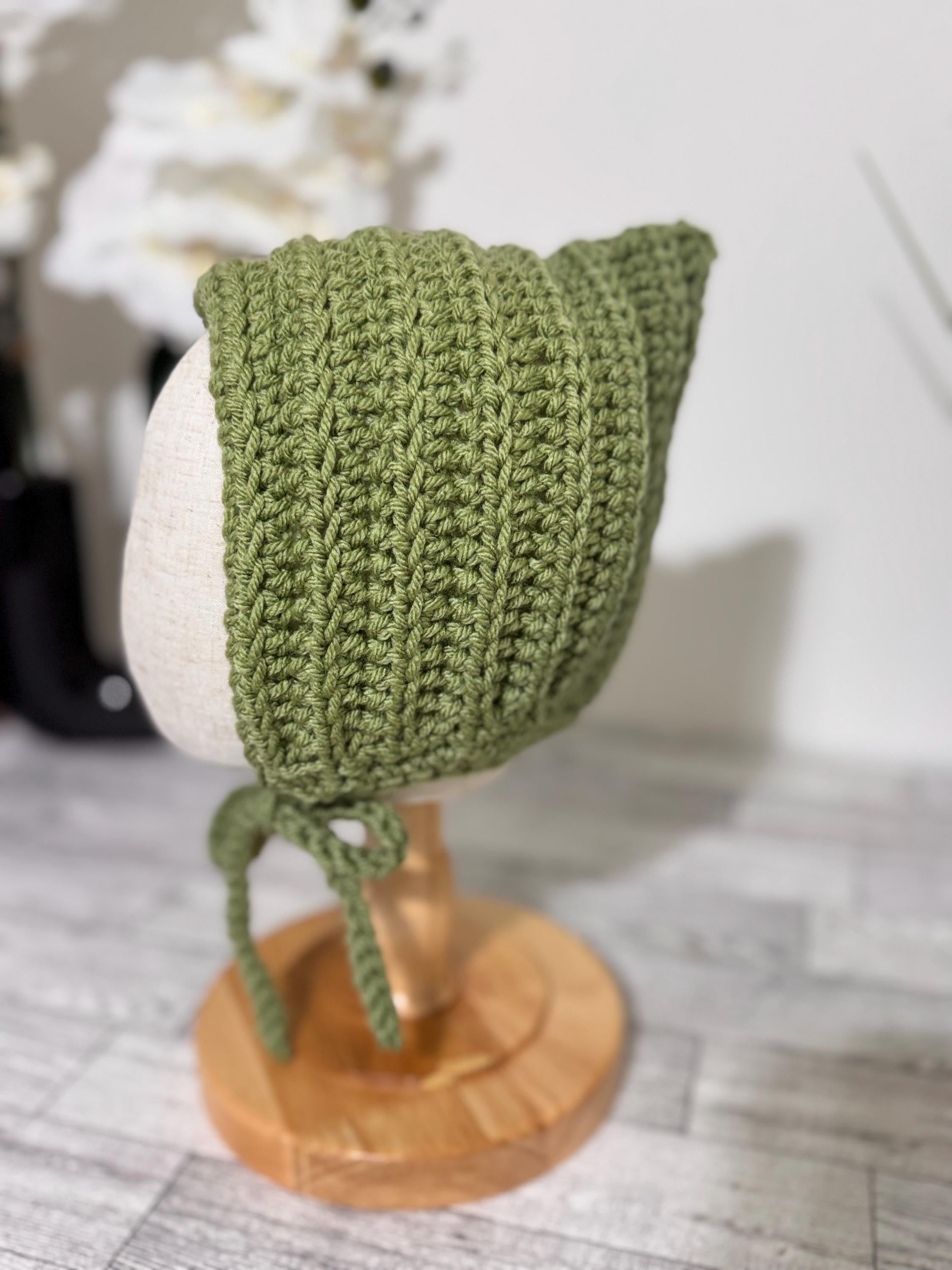 Baby Pixie Bonnet Hat: Secure Tie, Warm Ear Coverage Handmade Crochet Toddler Bonnet - sage green color
