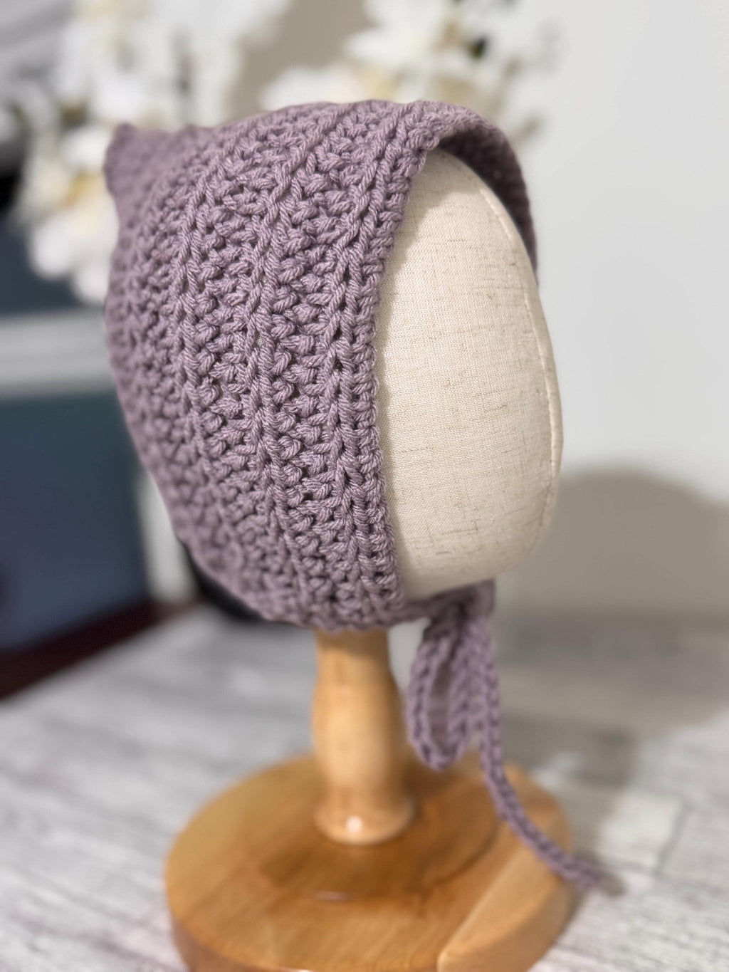 Baby Pixie Bonnet Hat: Secure Tie, Warm Ear Coverage Handmade Crochet Toddler Bonnet - Purple