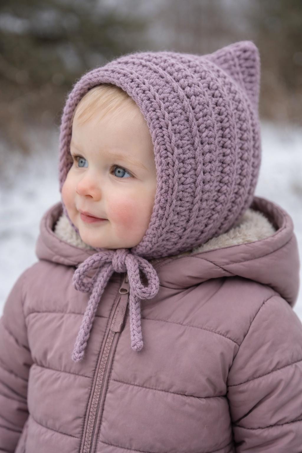 Baby Pixie Bonnet Hat: Secure Tie, Warm Ear Coverage Handmade Crochet Toddler Bonnet - Purple