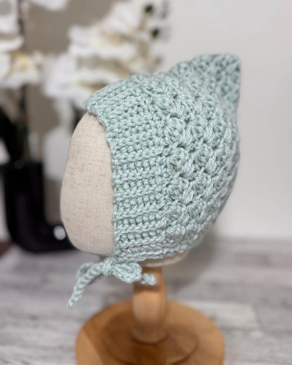 Toddler Pixie Bonnet Hat: Secure Tie, Warm Ear Coverage Handmade Crochet Baby Bonnet - light mint color