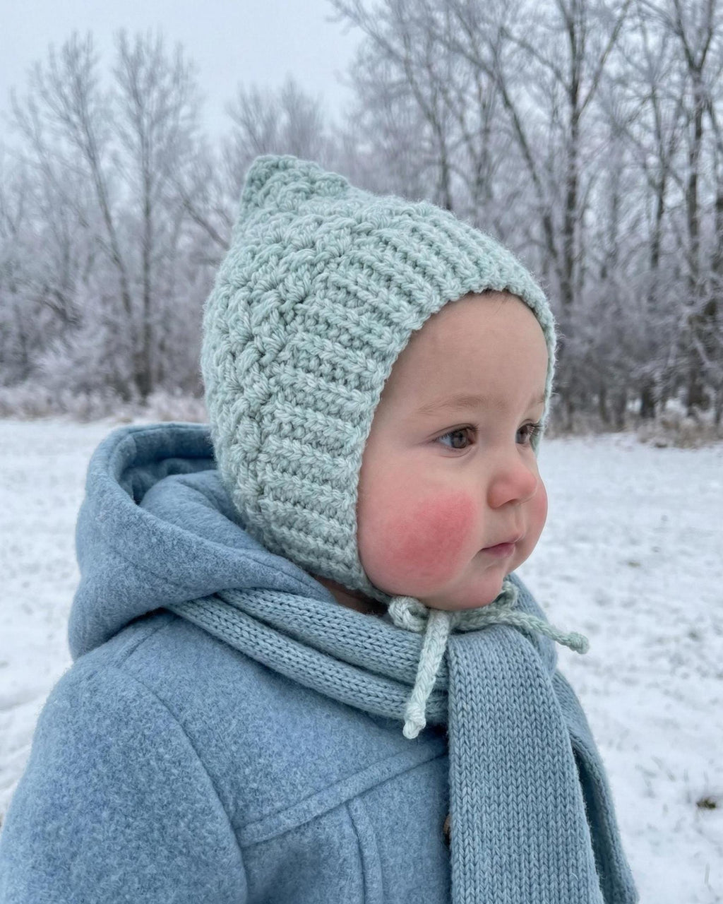 Baby Pixie Bonnet Hat: Secure Tie, Warm Ear Coverage Handmade Crochet Toddler Bonnet - sky blue color